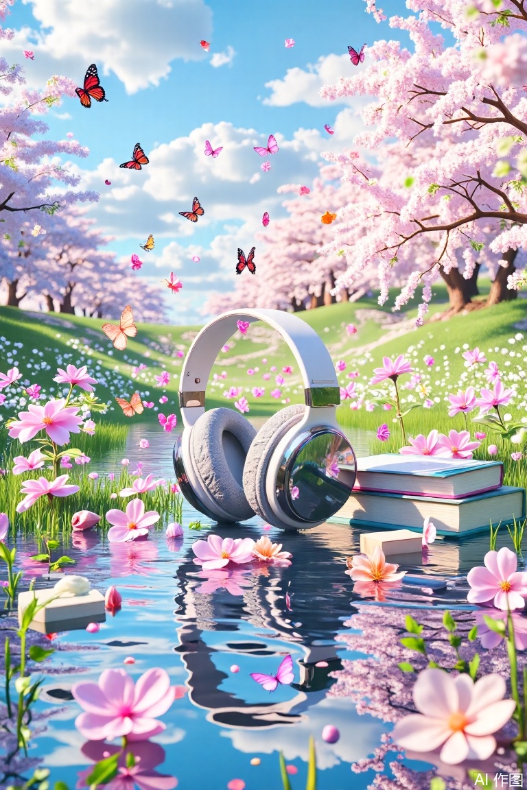 The image depicts a serene and picturesque scene with a focus on a pair of large, modern headphones resting on a reflective surface, possibly water, surrounded by blooming flowers and lush greenery. The headphones are positioned near a stack of books, and there are several pink and white flowers scattered around, some floating on the water. In the background, there are cherry blossom trees in full bloom, with butterflies flying around them, and a bright blue sky with fluffy white clouds. The overall atmosphere is peaceful and dreamy, evoking a sense of tranquility and beauty.