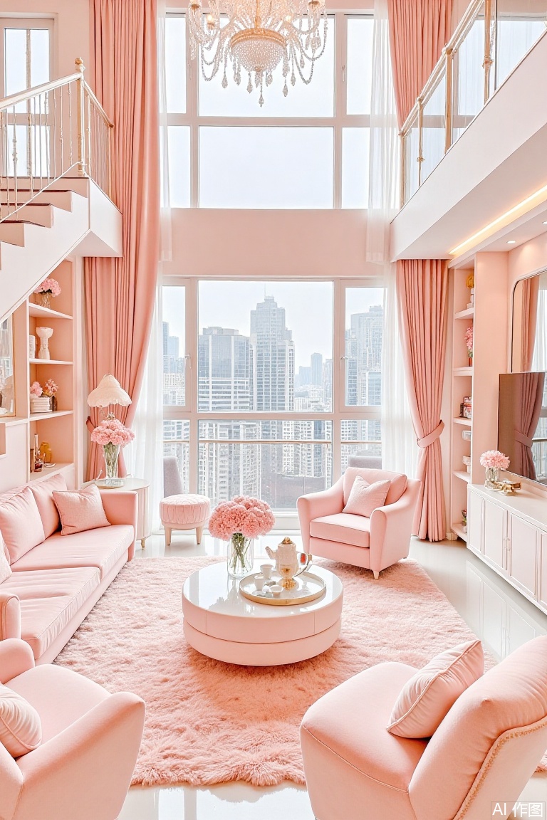 The image depicts a luxurious and elegantly designed living room with a modern and sophisticated aesthetic. The room is predominantly painted in a soft pink color scheme, creating a warm and inviting atmosphere. The large windows at the back of the room allow ample natural light to flood the space, enhancing the room's brightness. The high ceiling and grand staircase add to the room's spacious and airy feel.

A chandelier hangs from the ceiling, adding a touch of elegance and sophistication. The room features a plush pink sofa and matching armchairs, arranged around a white coffee table with a glass top. The coffee table is adorned with decorative items, including a vase of pink flowers and a small tray with a teapot and cups.

The room also includes built-in shelving units on either side of the windows, filled with books and decorative items. A large mirror is placed on one of the shelves, reflecting the room's light and making the space appear larger. The floor is covered with a plush pink rug, adding a cozy touch to the room's overall design.

The view outside the windows reveals a cityscape with tall buildings, indicating that the living room is located in a high-rise building. The overall design and decor suggest a modern, stylish, and luxurious living space.