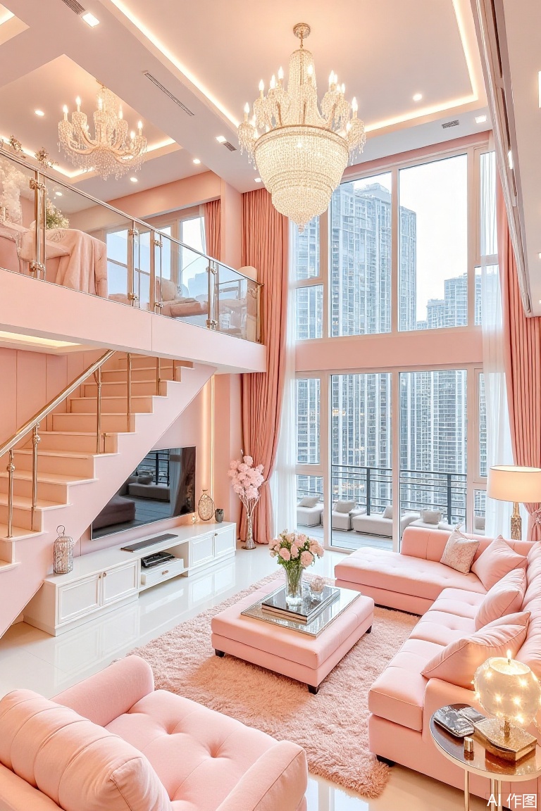 The image depicts a modern, stylish living room with a luxurious and elegant design. The room is predominantly painted in a soft pink color, creating a warm and inviting atmosphere. A large chandelier hangs from the ceiling, adding a touch of opulence to the space. The room features a large window that allows ample natural light to flood in, offering a view of tall buildings in the background.

The living area includes a plush pink sofa and matching armchair, a coffee table with a glass top, and a wall-mounted television. There is also a staircase leading to an upper level, which appears to be a loft or an additional living space. The loft has a glass railing and is decorated with a chandelier and some decorative items. The room is well-lit, with recessed lighting in the ceiling and additional ambient lighting from the large window. The overall design is contemporary and sophisticated, with a focus on comfort and style.