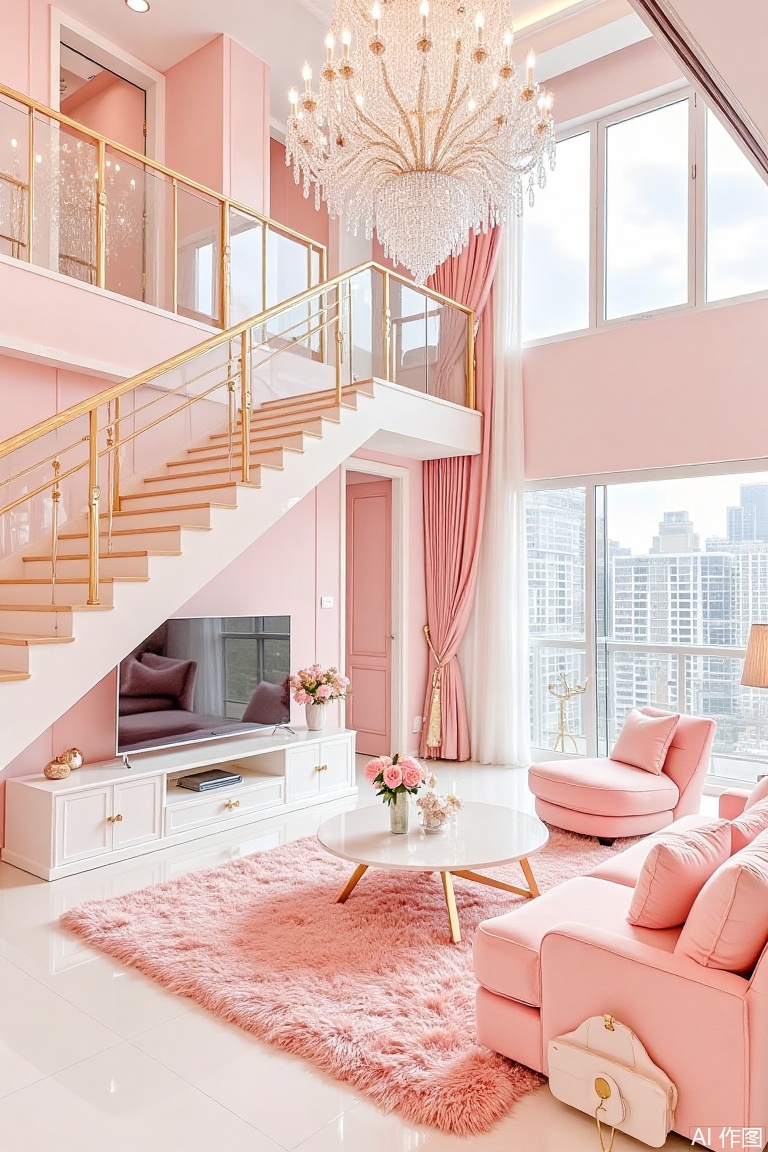 The image depicts a luxurious and elegantly designed living space. The room is predominantly pink, featuring a large chandelier with numerous crystal ornaments hanging from the ceiling. The staircase is white with gold railings, leading to an upper level. The living area includes a plush pink sofa and matching armchair, a round white coffee table with gold accents, and a pink shaggy rug. A modern entertainment unit holds a television, and the room is well-lit with natural light streaming through large windows. The upper level has a glass railing, and the space appears to be part of a high-end apartment or a stylish home.