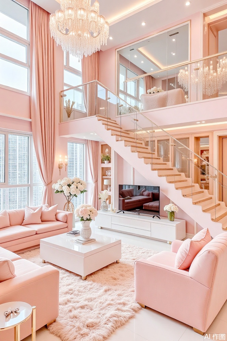 The image depicts a modern, stylish living room with a luxurious and elegant design. The room is predominantly painted in a soft pink color, creating a warm and inviting atmosphere. A large chandelier hangs from the ceiling, adding a touch of sophistication. The room features large windows that allow ample natural light to flood in, offering a view of a cityscape.

The living area includes a plush pink sofa with multiple cushions, a matching pink armchair, and a white coffee table adorned with decorative items like a vase of flowers and candles. A sleek, white entertainment unit houses a television, and a tall vase with white flowers is placed on the floor beside the TV. The room is further enhanced by a plush, white rug and a staircase with glass railings leading to an upper level. The overall design is contemporary and chic, with a focus on comfort and elegance.