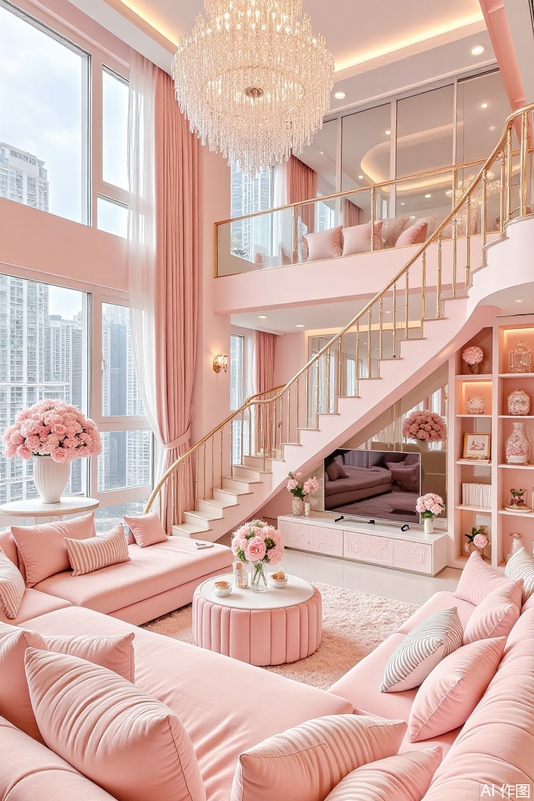 The image depicts a luxurious and elegantly designed living room with a modern and sophisticated aesthetic. The room is predominantly painted in a soft pink color scheme, creating a warm and inviting atmosphere. A large chandelier hangs from the ceiling, adding a touch of opulence and sophistication. The room features a plush L-shaped pink sectional sofa adorned with various pillows, including some with striped patterns. A round coffee table sits in front of the sofa, topped with a vase of pink flowers. The floor is covered with a plush, textured rug, and there are additional decorative elements such as a large bouquet of pink flowers in a white vase, a bookshelf with neatly arranged books, and a modern entertainment unit housing a television. The room is well-lit with natural light streaming in through large floor-to-ceiling windows, which offer a view of a high-rise cityscape. The windows are framed by floor-to-ceiling pink curtains, complementing the overall color scheme. The room also features a spiral staircase leading to an upper level, which appears to be a loft or an additional seating area. The design and decor suggest a focus on comfort and style, creating a space that feels both luxurious and welcoming.