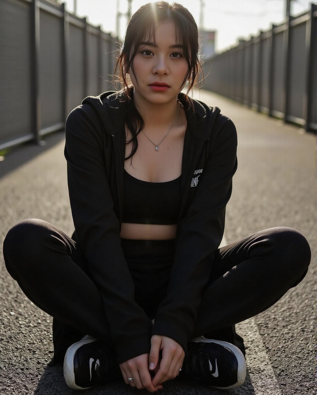 Create a realistic photoshoot scene using a Canon EOS 1D camera and a 50mm Canon RF lens at f/1.4 aperture. Capture a woma...