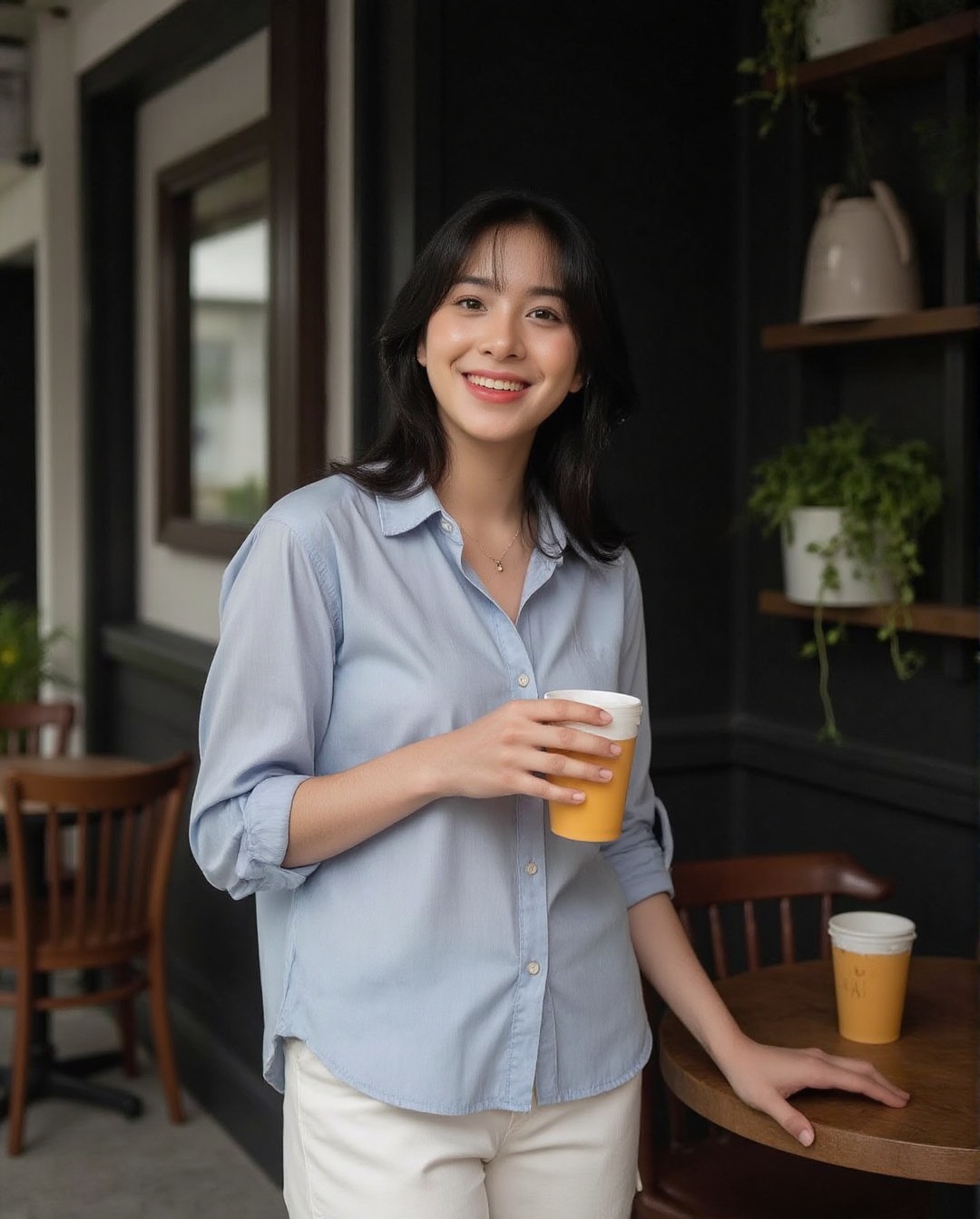 Create a realistic photoshoot for an outdoor restaurant scene using a Canon EOS 1D camera and a 50mm Canon RF lens at f/1....
