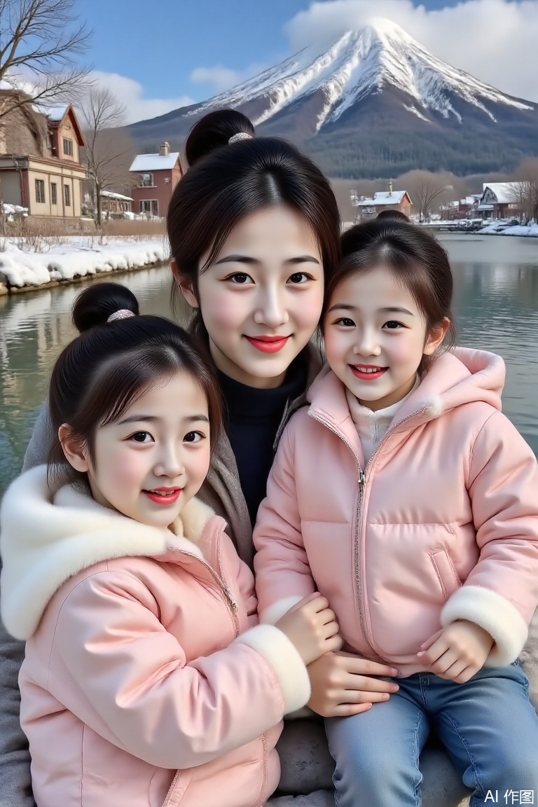 Real photography of a person with big eyes, double eyelids, fair skin, ponytail, a 25-year-old girl and a little girl taking pictures outdoors, sitting in the snow. The background is a small village by the river, with a bluestone path on the shore,  and a mountain peak in the distance. The top of the mountain is covered with snow.whole body*1.5