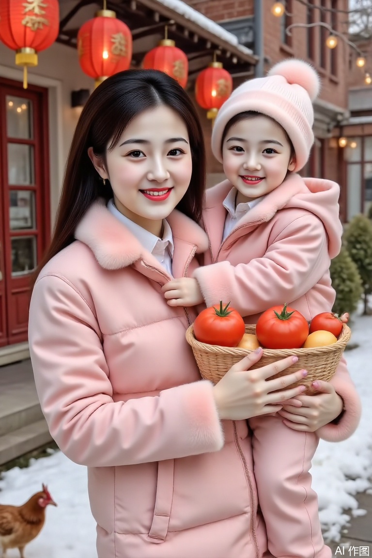 
Real photography, a masterpiece of a master. In the picture, a lady in a thick pink coat is holding a little girl in a thick light pink coat. Together, they held a basket with tomatoes and other fruits and vegetables. The background is a rural courtyard, with houses, red lanterns and a few poultry. There is snow on the ground, which is full of warm and beautiful atmosphere. Real light and shadow, professional composition.