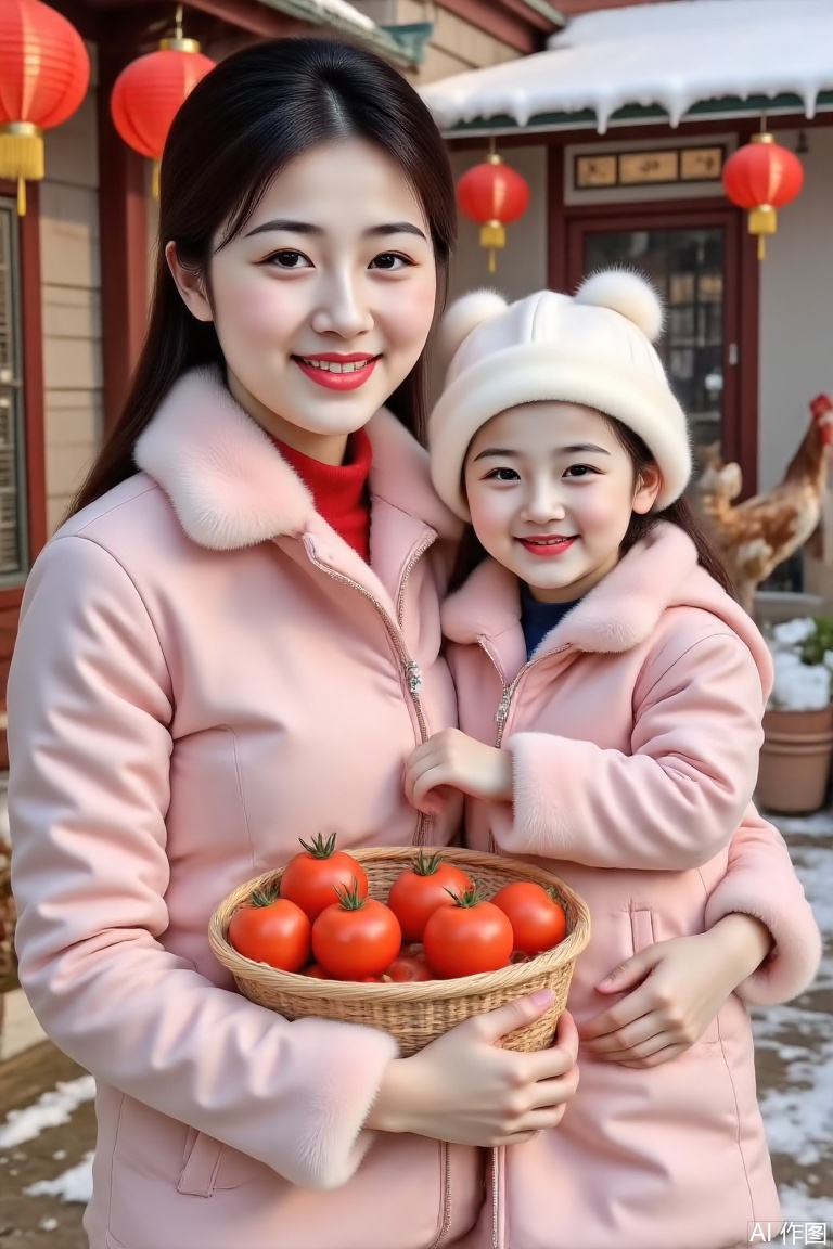 
Real photography, a masterpiece of a master. In the picture, a lady in a thick pink coat is holding a little girl in a thick light pink coat. Together, they held a basket with tomatoes and other fruits and vegetables. The background is a rural courtyard, with houses, red lanterns and a few poultry. There is snow on the ground, which is full of warm and beautiful atmosphere. Real light and shadow, professional composition.