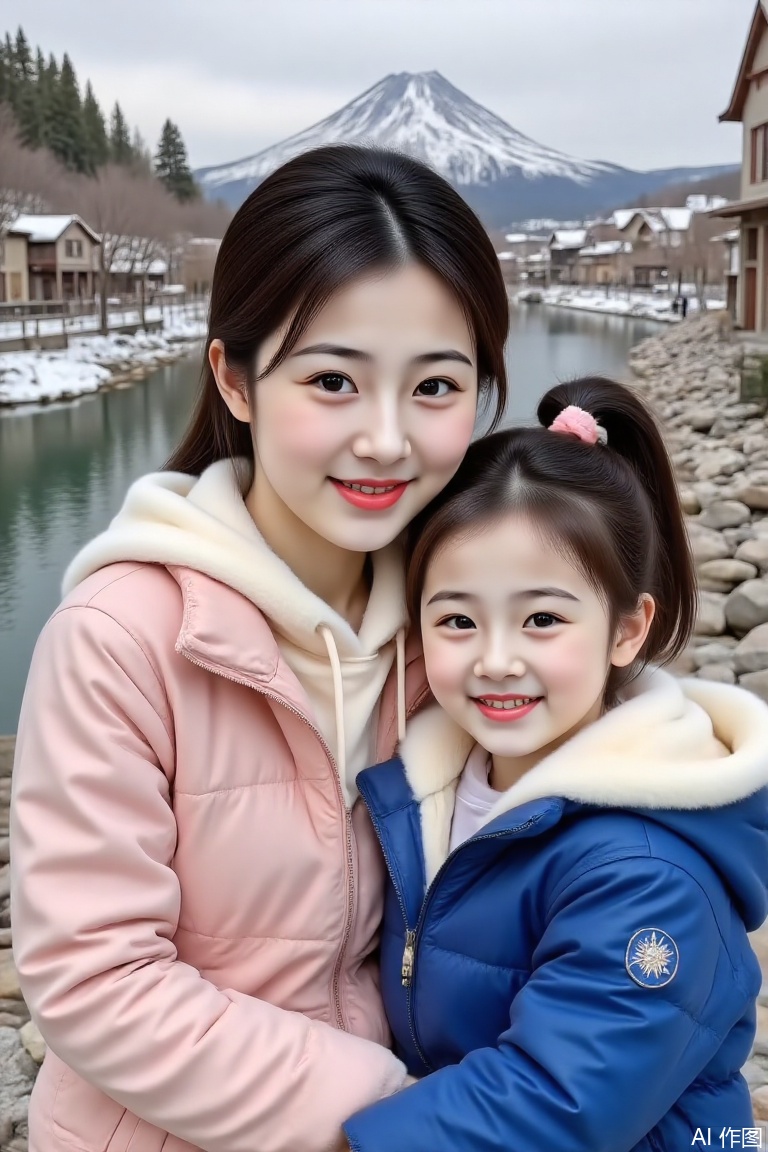 Real photography of a person with big eyes, double eyelids, fair skin, ponytail, a 25-year-old girl and a little girl taking pictures outdoors, sitting in the snow. The background is a small village by the river, with a bluestone path on the shore,  and a mountain peak in the distance. The top of the mountain is covered with snow.whole body