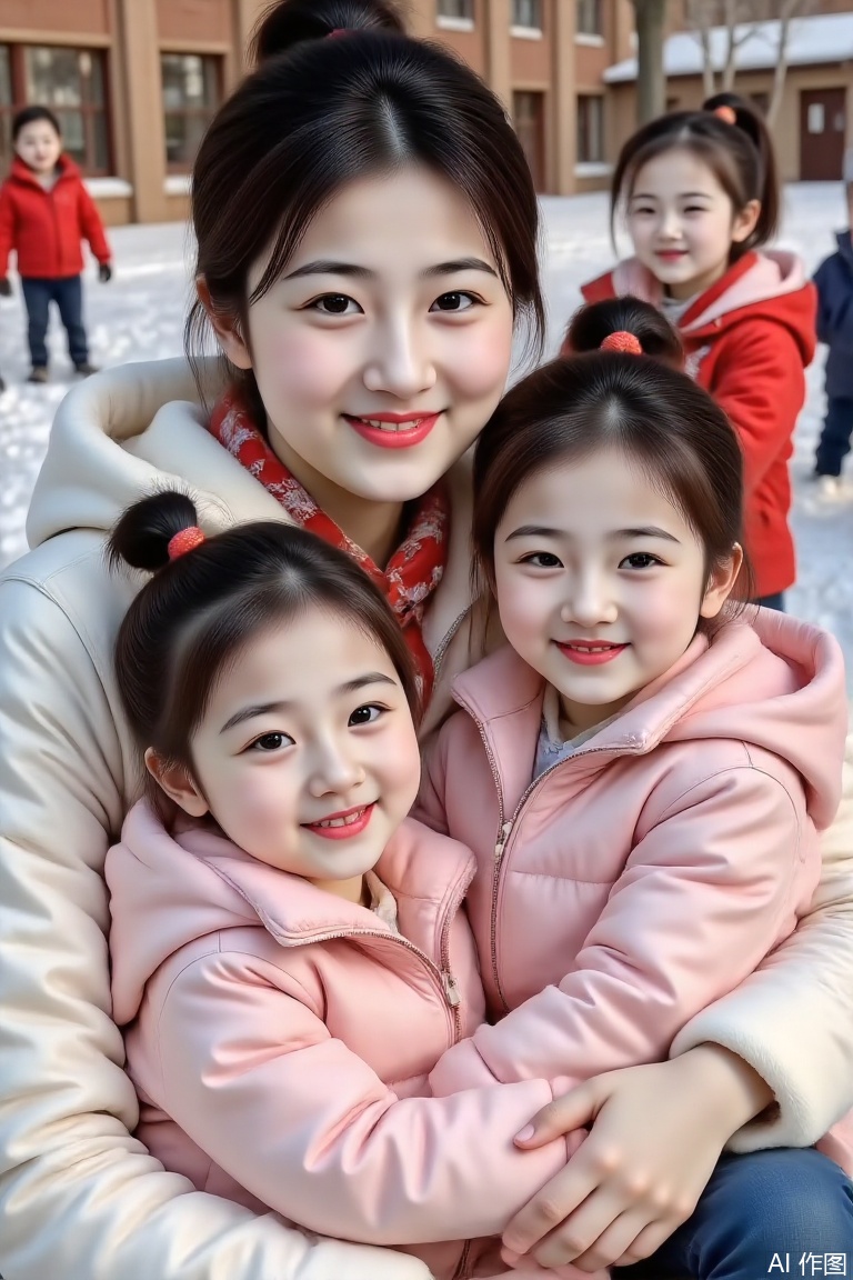 Real photography of a person with big eyes, double eyelids, fair skin, ponytail, a 25-year-old girl and two little girls taking pictures outdoors, sitting in the snow. The beauty is holding the little girl, and in the background, children can be seen playing in the snow in what appears to be a park or playground. The beauty is wearing a white down jacket and a red and white scarf, and the little girl is wearing a pink down jacket, scarf and braids. They all smiled and looked warm and happy.