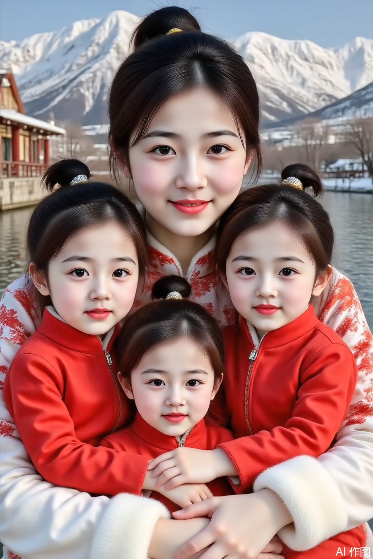 Real photography of a person with big eyes, double eyelids, fair skin, ponytail, a 25-year-old girl and two little girls taking pictures outdoors, sitting in the snow. The background is a small village by the river, with a bluestone path on the shore, a fishing boat on the water in the distance, and a mountain peak in the distance. The top of the mountain is covered with snow.whole body