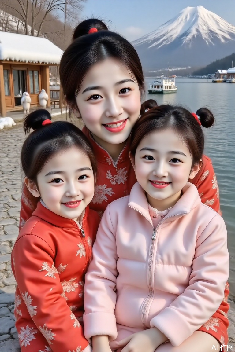 Real photography of a person with big eyes, double eyelids, fair skin, ponytail, a 25-year-old girl and a little girl taking pictures outdoors, sitting in the snow. The background is a small village by the river, with a bluestone path on the shore, a fishing boat on the water in the distance, and a mountain peak in the distance. The top of the mountain is covered with snow.whole body