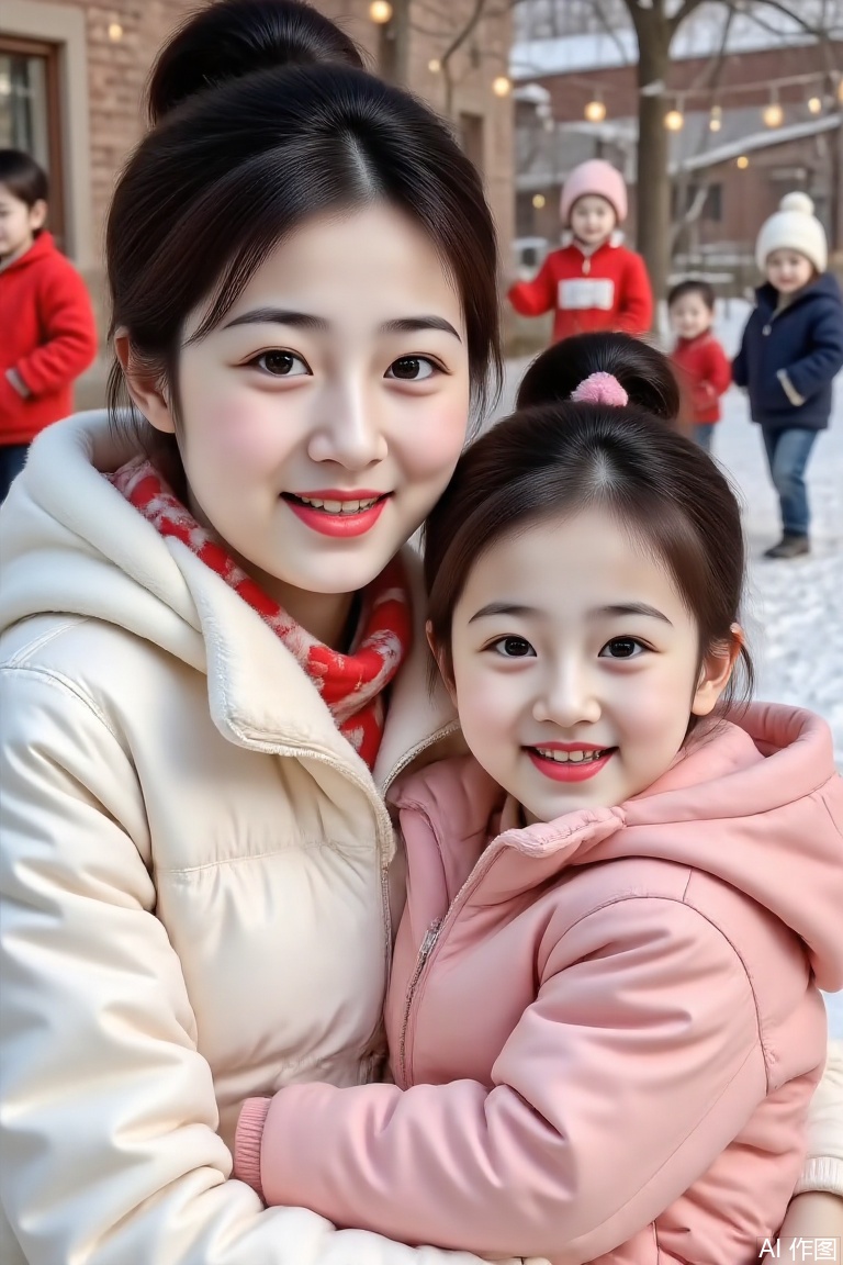 Real photography of a person with big eyes, double eyelids, fair skin, ponytail, a 25-year-old girl and a little girl taking pictures outdoors, sitting in the snow. The beauty is holding the little girl, and in the background, children can be seen playing in the snow in what appears to be a park or playground. The beauty is wearing a white down jacket and a red and white scarf, and the little girl is wearing a pink down jacket, scarf and braids. They all smiled and looked warm and happy.
