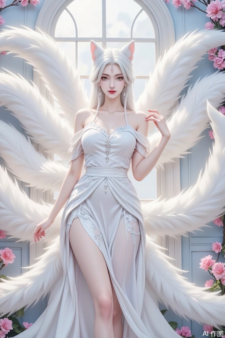 Masterpiece, the best quality, high quality,  small breasts,,(white hair:1.4),(long legs:1.3),（thin legs：1.4）,1girl, solo, long hair, breasts, looking at viewer, dress, animal ears, bare shoulders, jewelry, standing, tail, full body, yellow eyes, flower, white hair, earrings, indoors, hand up, off shoulder, white dress, fox ears, window, fox tail, facial mark, fox girl, multiple tails, pink flower, long dress
