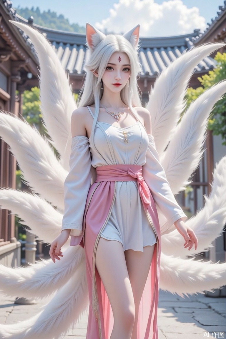 Masterpiece, the best quality, high quality,  small breasts,,(white hair:1.4),(long legs:1.3),（thin legs：1.4）,1girl, solo, long hair, looking at viewer, animal ears, bare shoulders, standing, tail, full body, white hair, outdoors, detached sleeves, japanese clothes, day, sash, fox ears, fox tail, facial mark, fox girl, multiple tails, architecture, east asian architecture
