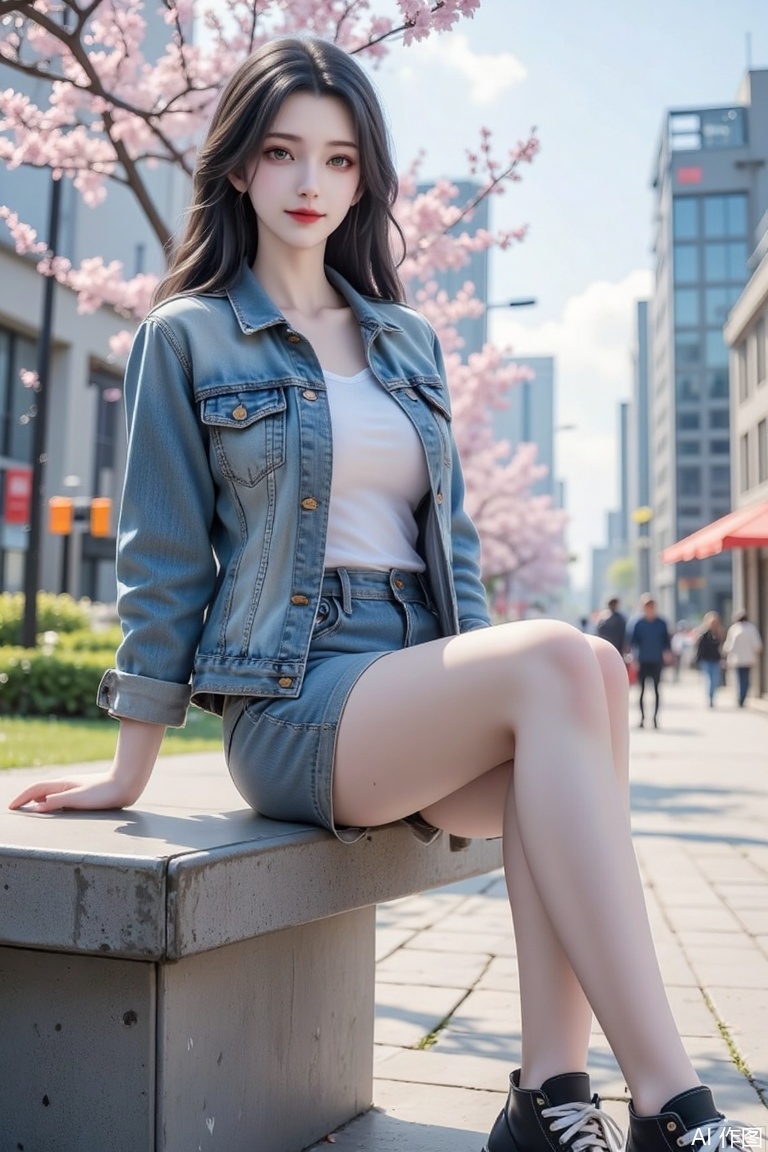 Masterpiece, the best quality, high quality,  small breasts,,(white hair:1.4),(long legs:1.3),（thin legs：1.4）,1girl,black hair,thighs,spring,casual look,denim jacket,jeans,white t-shirt,converse sneakers,sitting on bench,smiling,looking at camera,close-up shot,warm sunlight,clear sky,flowers in background,street scene,modern cityscape,high resolution,soft lighting,relaxed pose