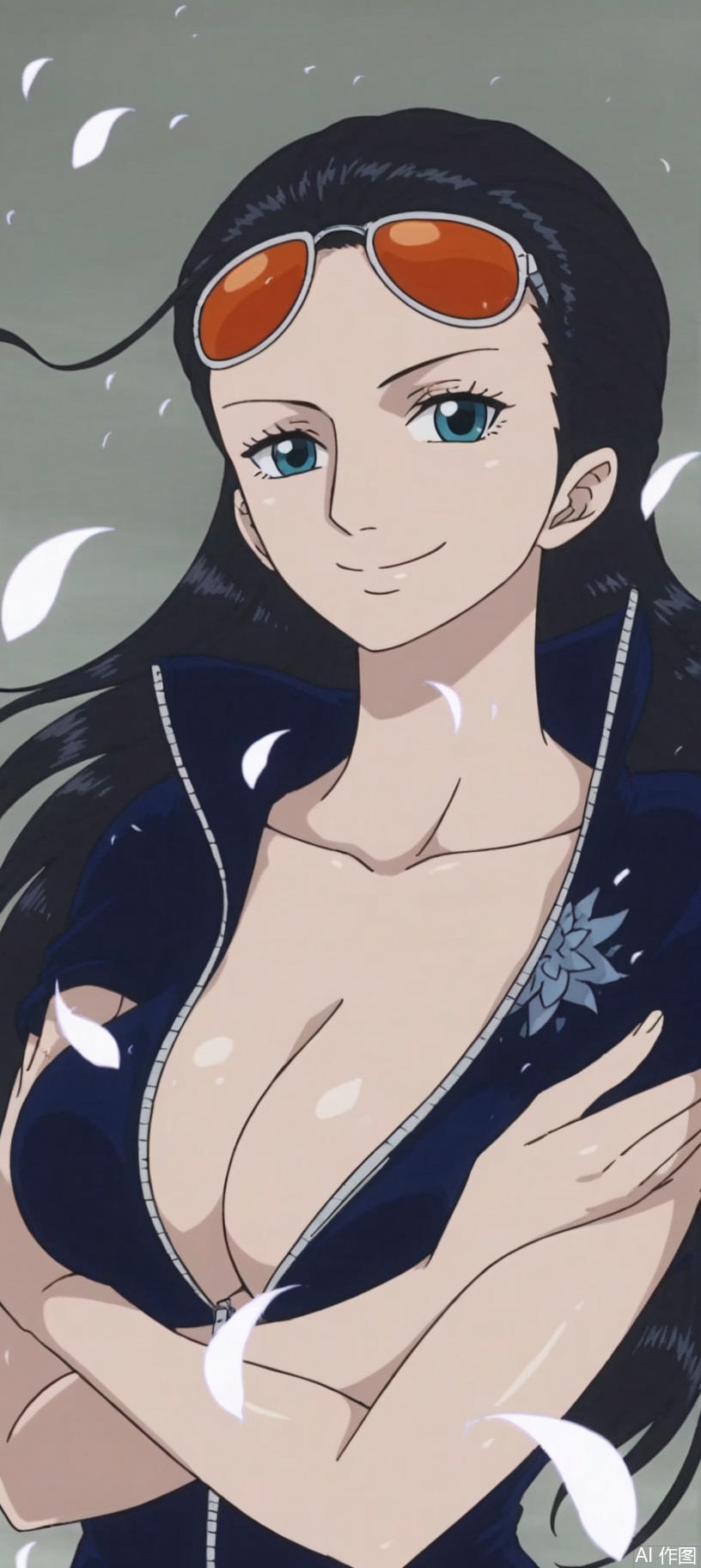 gg，1girl, solo, long hair, breasts, looking at viewer, smile, blue eyes, large breasts, black hair, cleavage, closed mouth, standing, collarbone, jacket, short sleeves, petals, floating hair, crossed arms, sunglasses, wind, eyewear on head, zipper, high collar, hair slicked back, partially unzipped, nico robin，(8k)，HD，(masterpiece），(highly detailed)