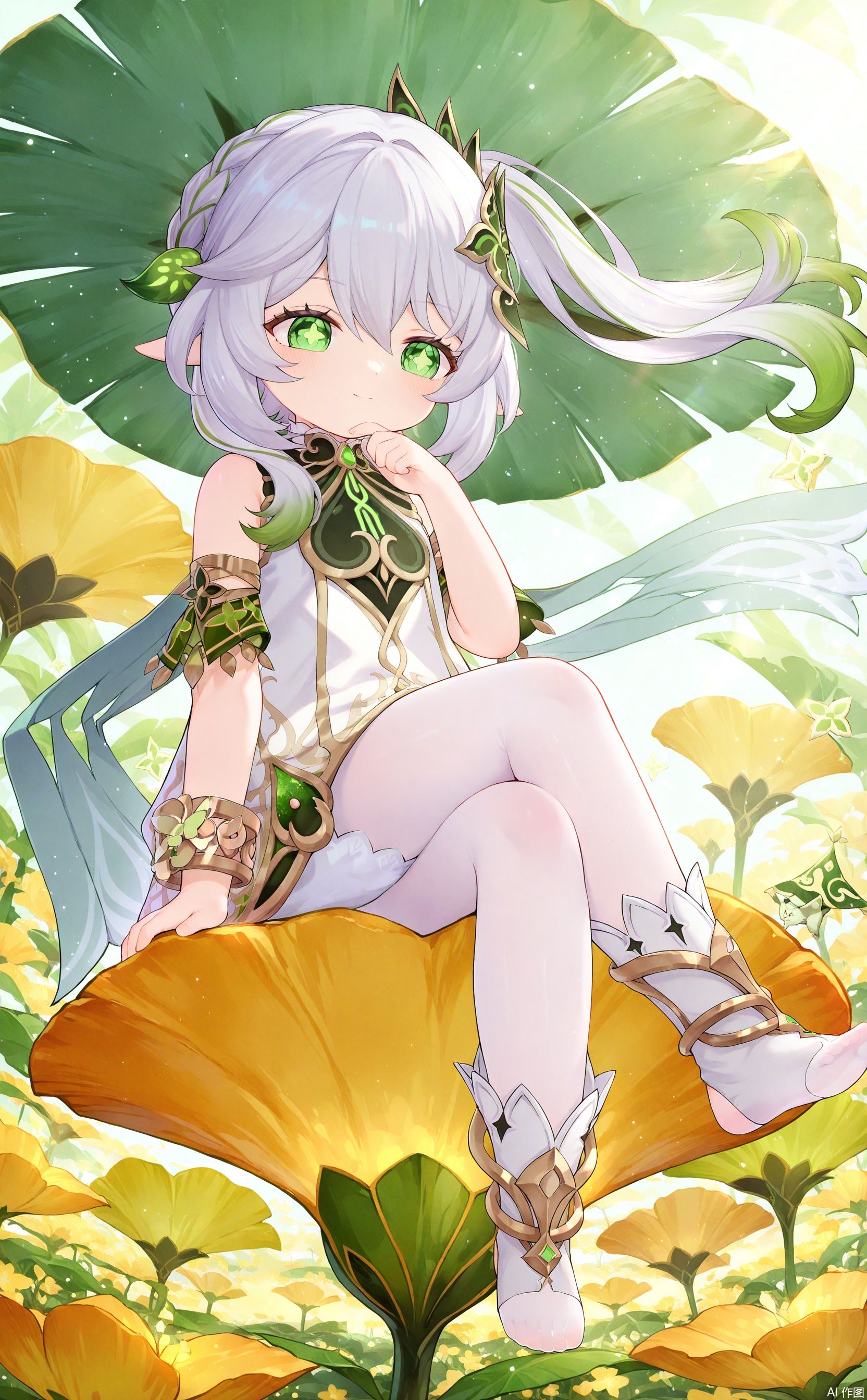 1girl, nahida \(genshin impact\),Sitting on a flower with crossed legs, looking down at you from a high position, with one hand supporting your chin. White silk stockings