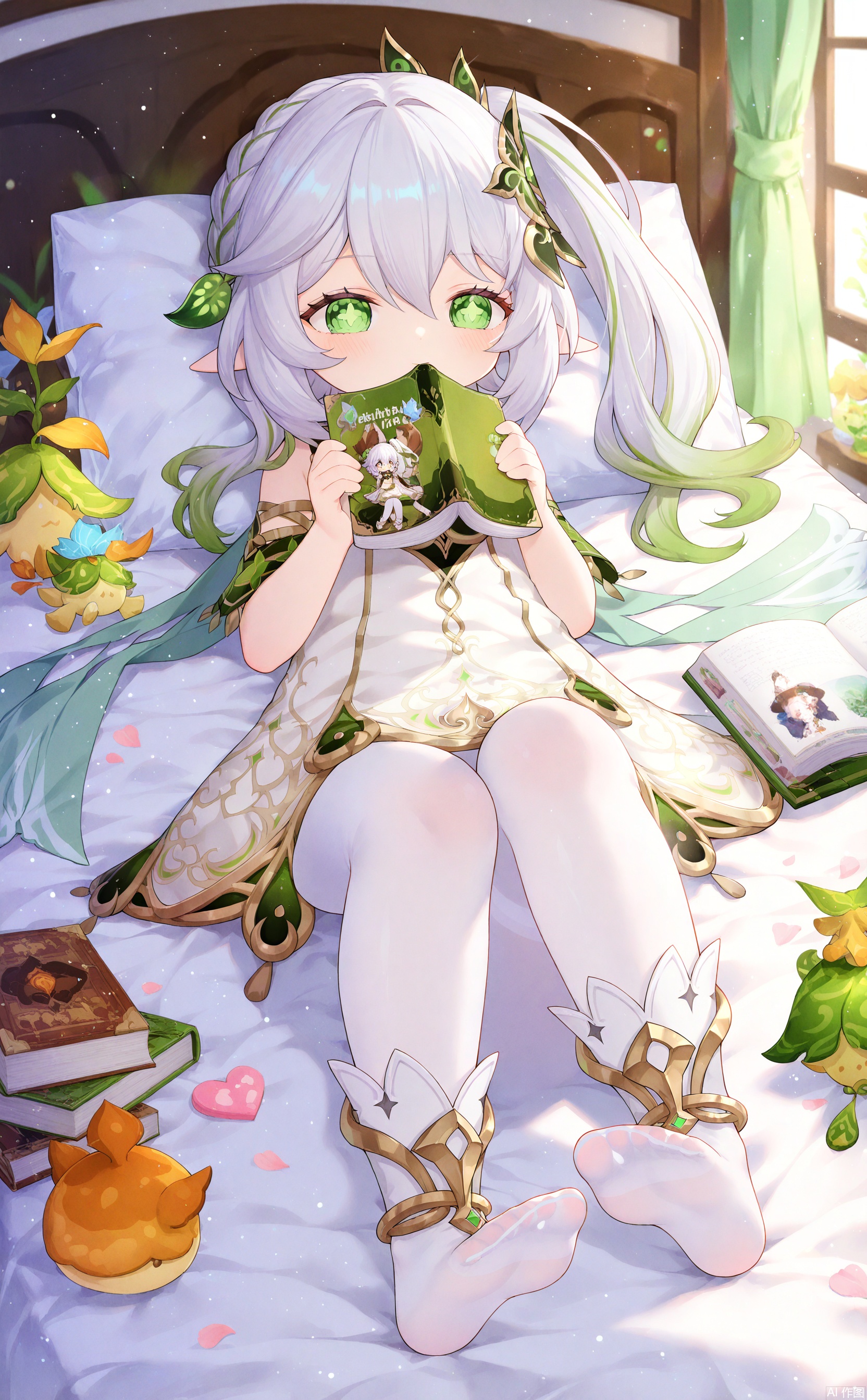 1girl,  nahida \(genshin impact\),  A young girl was lying on the bed on Tensor.Art