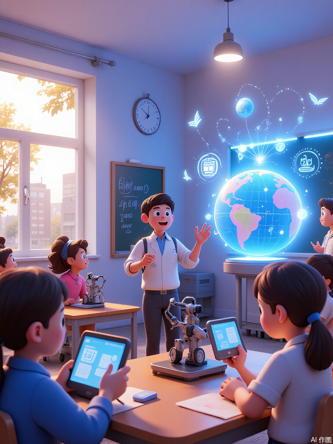 QNJ,
Inspirational 3D scene with a young inventor presenting a holographic globe to classmates, data streams flowing from tablet to projection, diverse audience reacting with excitement, classroom windows showing futuristic cities, warm afternoon light, desks with 3D printers and robot kits, chalkboard equations dissolving into stars, optimistic color palette.

