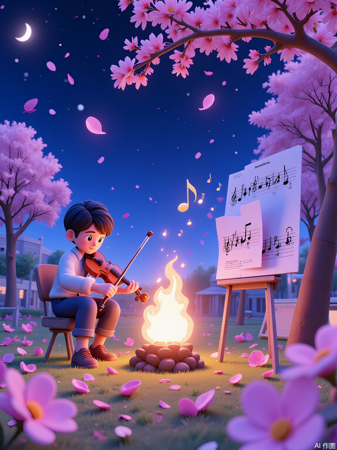 QNJ, 3D visualization of a young musician composing in a cherry blossom grove, sheet music notes materializing as 3D shapes, violin bow creating sonic waves that ripple petals, night sky filled with floating musical staff constellations, warm campfire glow illuminating determined face, fireflies forming treble clef patterns, campus observatory dome visible through blossoming branches, ethereal soundwave visualizations in air.

