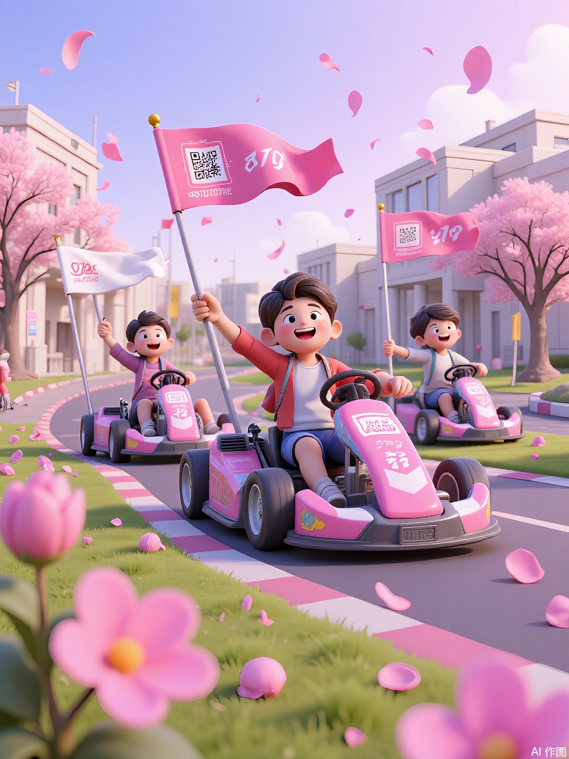 QNJ,
Whimsical 3D illustration of students racing solar-powered go-karts through campus gardens, kart designs shaped like books and musical notes, checkpoint flags with QR codes, laughing expressions, cherry blossom petals swirling in wind,  soft pastel gradients with neon accents, playful physics defying gravity slightly.

