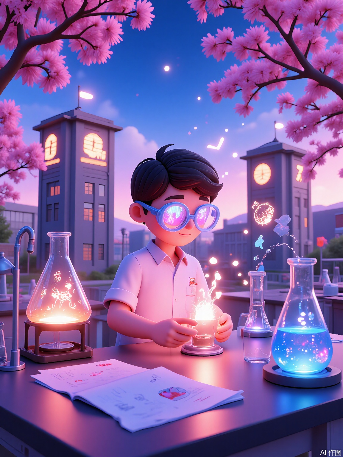 QNJ, 3D scene showing a teenager conducting a chemistry experiment in an open-air lab, glowing test tubes erupting with prismatic liquids, cherry blossom branches framing the foreground, distant library towers with floating book constellations, determined frown, safety goggles reflecting neon equations, liquid light effects pooling on the lab table, twilight sky blending coral and azure gradients.

