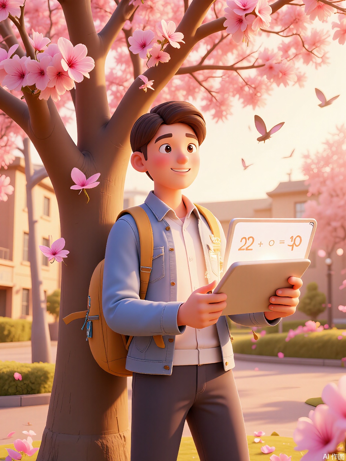 QNJ,
3D illustration of a teenager with a backpack leaning against a cherry blossom tree, surrounded by open textbooks floating in mid-air, golden sunlight filtering through petals, soft bokeh effect, vibrant campus buildings in the distance, holding a glowing tablet displaying equations, wearing a crisp white shirt and denim jacket, confident smile, butterflies fluttering around, warm pastel tones blending with academic motifs.


