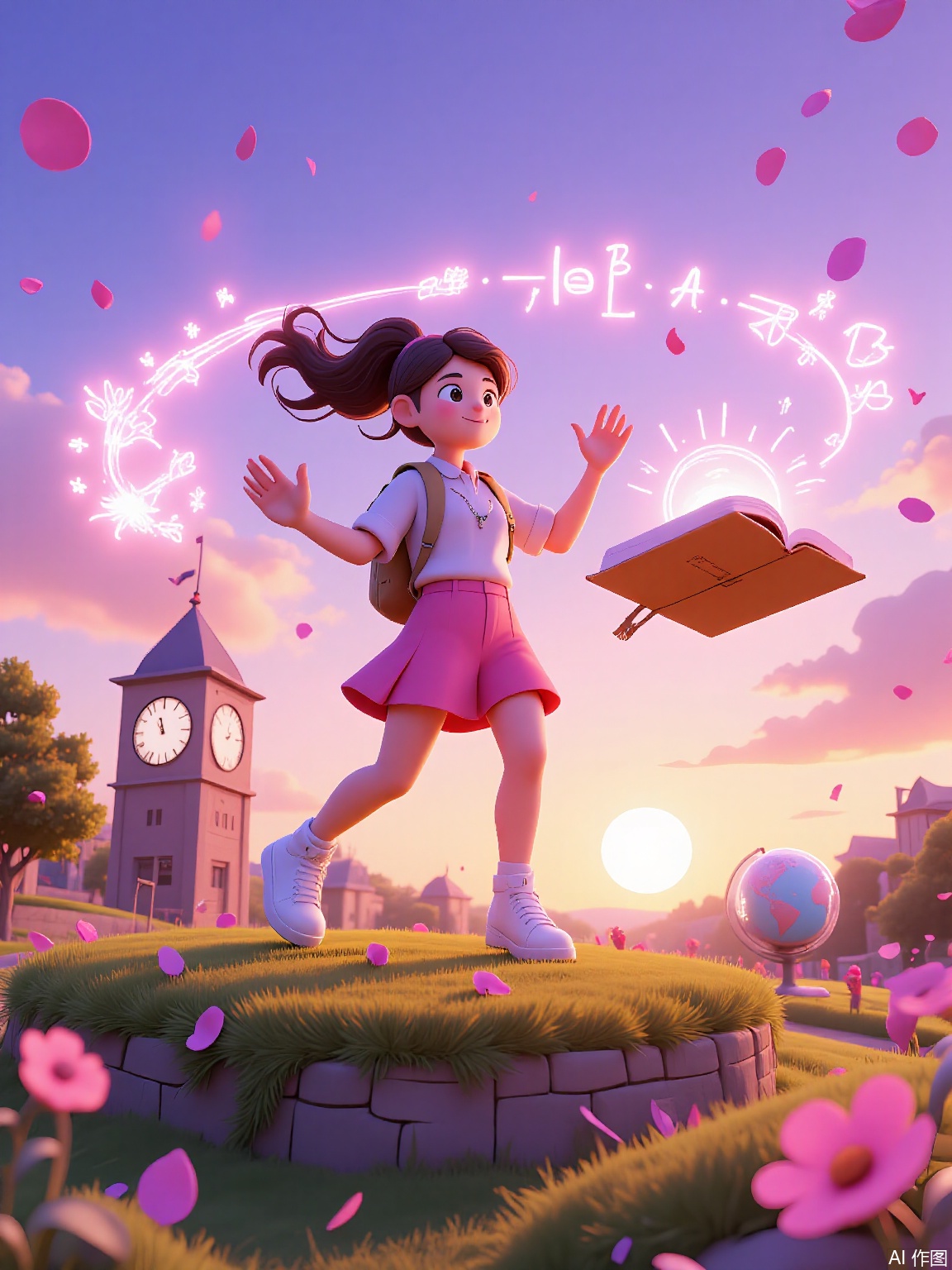 QNJ, 3D artwork featuring a young woman levitating above a grassy hill, physics textbook suspended beside her, glowing periodic table elements swirling around outstretched hands, neon campus clocktower pulsing in the distance, dusk sky blending peach and lavender hues, confetti-like equations dissolving into stardust, determined gaze upward, wind tousling hair, translucent holographic globe rotating at her feet.
