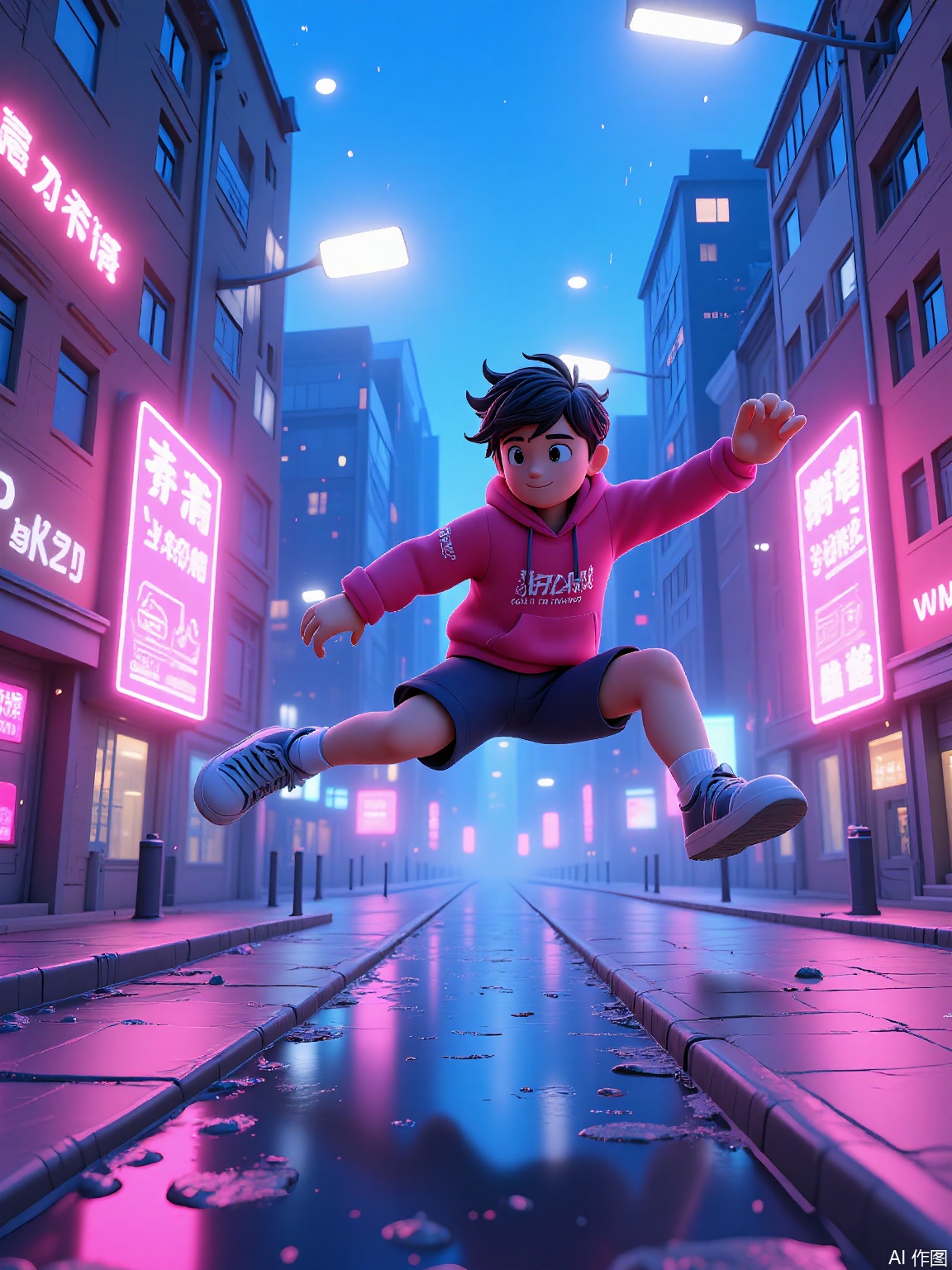 QNJ,
Dynamic 3D poster featuring a parkour athlete leaping between rain-slicked skyscrapers, neon signage reflecting in puddles, augmented reality path guides glowing on walls,determined expression, wet hair strands frozen mid-movement, cyberpunk color scheme with electric blues and pinks, raindrops suspended in air.

