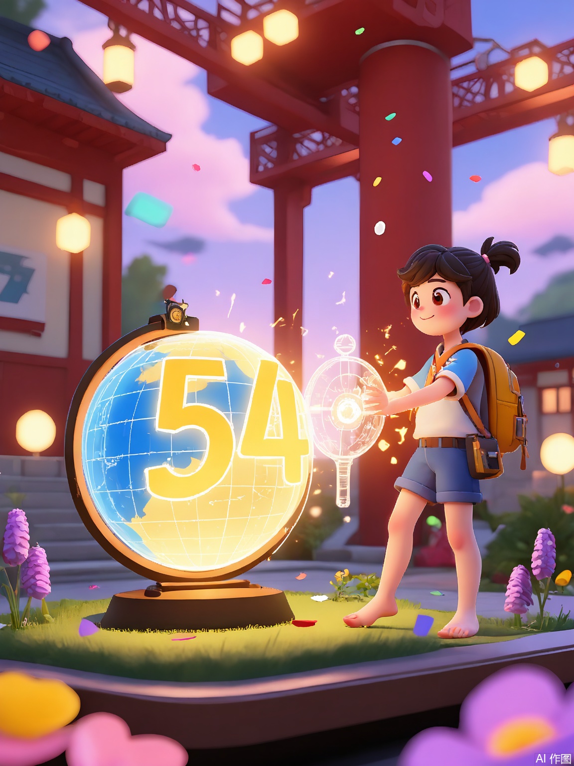 QNJ, 3D artwork featuring a young woman levitating above a grassy hill, physics textbook suspended beside her, glowing periodic table elements swirling around outstretched hands, neon campus clocktower pulsing in the distance, dusk sky blending peach and lavender hues, confetti-like equations dissolving into stardust, determined gaze upward, wind tousling hair, translucent holographic globe rotating at her feet.
