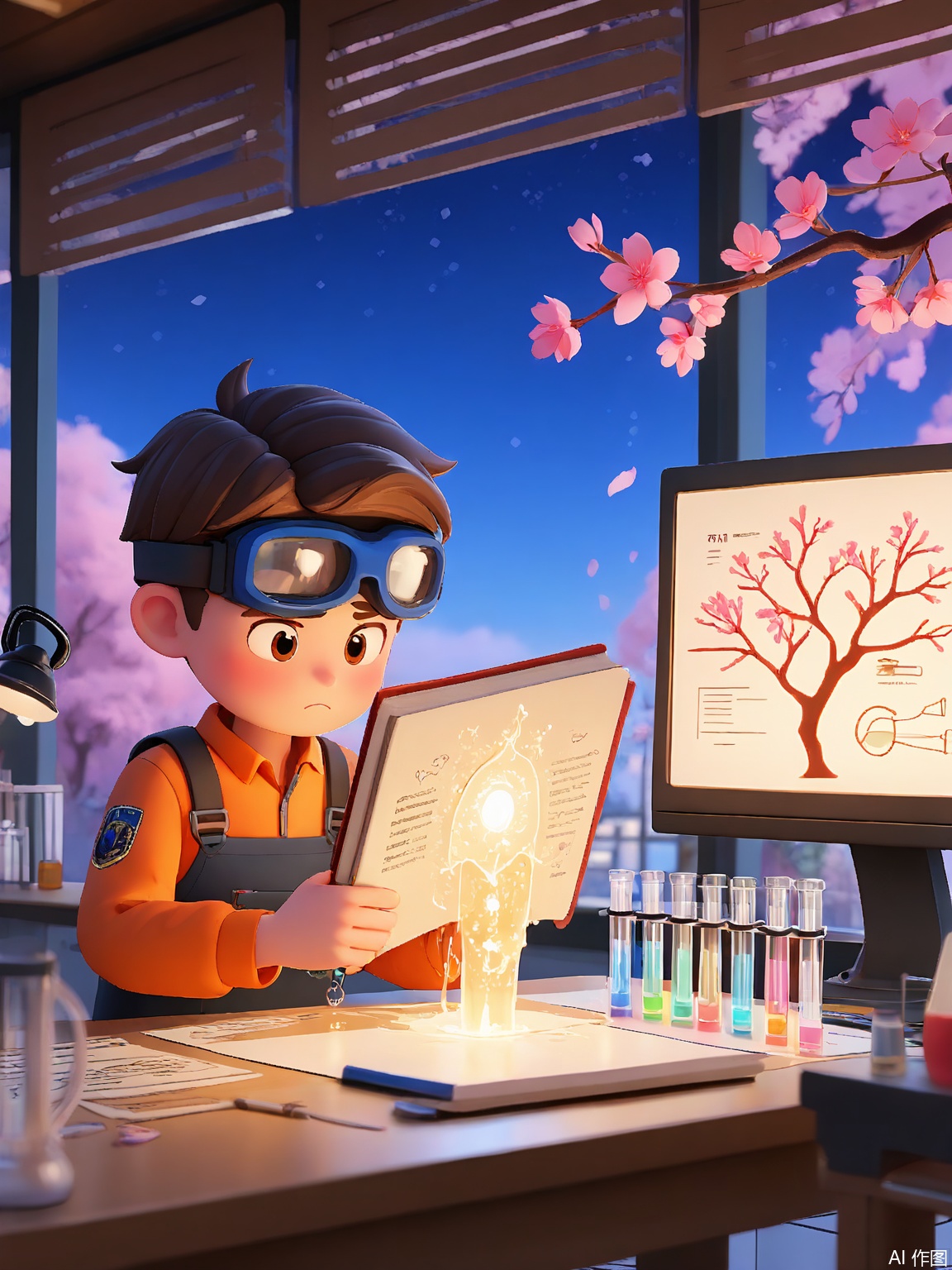 QNJ, 3D scene showing a teenager conducting a chemistry experiment in an open-air lab, glowing test tubes erupting with prismatic liquids, cherry blossom branches framing the foreground, distant library towers with floating book constellations, determined frown, safety goggles reflecting neon equations, liquid light effects pooling on the lab table, twilight sky blending coral and azure gradients.
