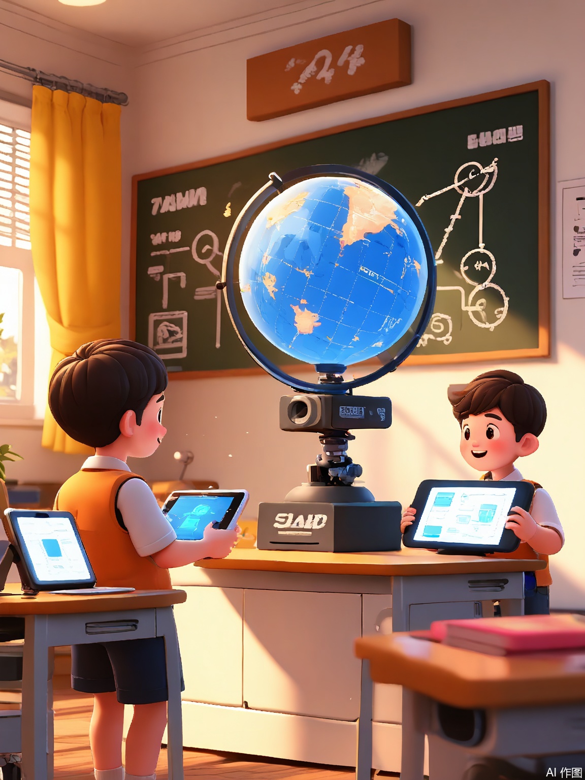 QNJ, Inspirational 3D scene with a young inventor presenting a holographic globe to classmates, data streams flowing from tablet to projection, diverse audience reacting with excitement, classroom windows showing futuristic cities, warm afternoon light, desks with 3D printers and robot kits, chalkboard equations dissolving into stars, optimistic color palette.

