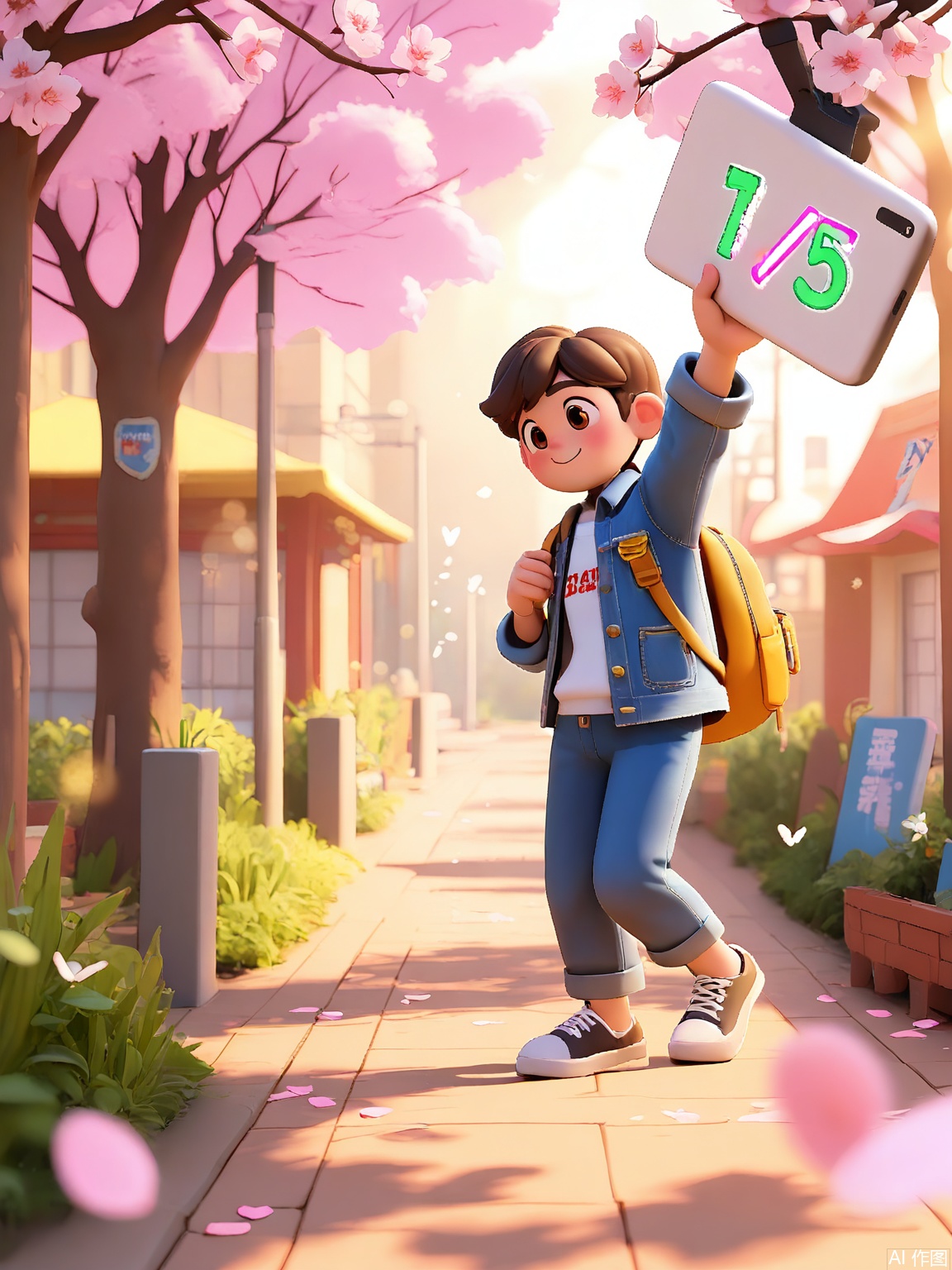 QNJ, 3D illustration of a teenager with a backpack leaning against a cherry blossom tree, surrounded by open textbooks floating in mid-air, golden sunlight filtering through petals, soft bokeh effect, vibrant campus buildings in the distance, holding a glowing tablet displaying equations, wearing a crisp white shirt and denim jacket, confident smile, butterflies fluttering around, warm pastel tones blending with academic motifs.
