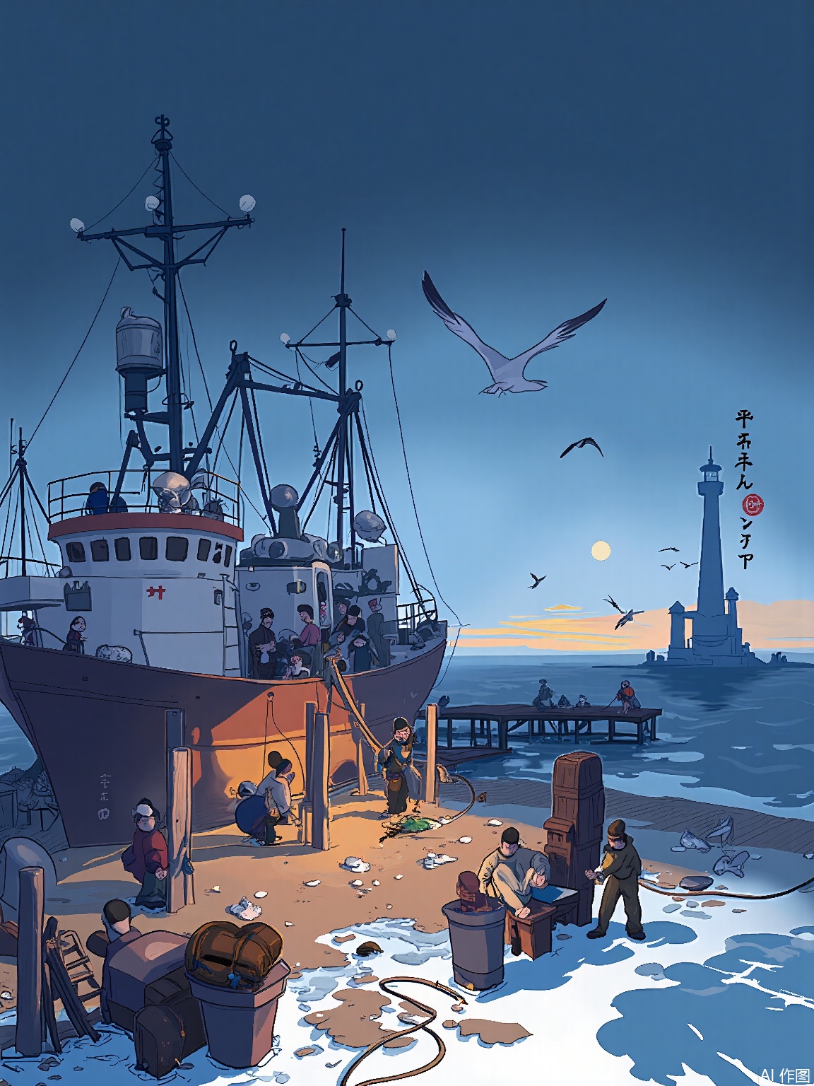 XHCH, Digital drawing of a twilight fishing port, trawlers unloading silver catches under sodium lights, seagulls diving for scraps, moonrise over lighthouse, net menders repairing gear on wooden quays, cobalt and amber color contrasts.

