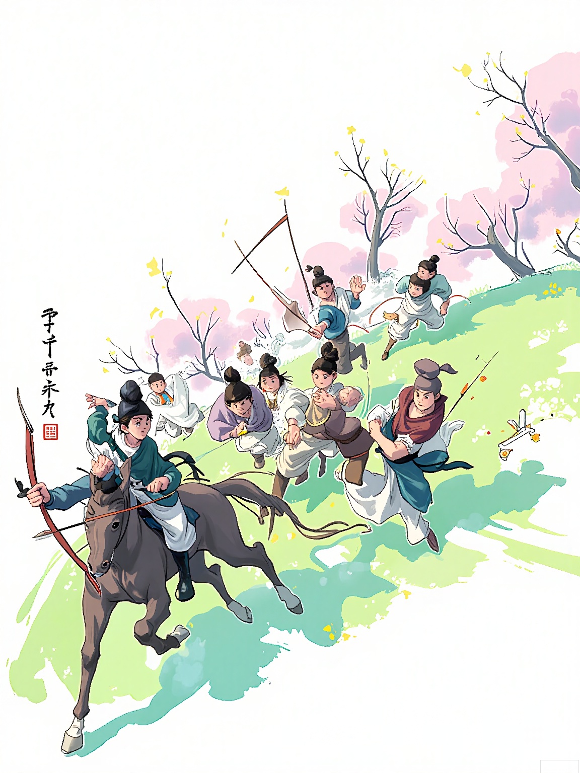 XHCH, Digital drawing of a springtime archery tournament, yabusame riders galloping through plum orchards, arrows splitting wooden targets, spectators in kasa hats applauding from hillsides, petals caught in arrow trajectories, vibrant emerald and fuchsia composition with motion blur effects.

