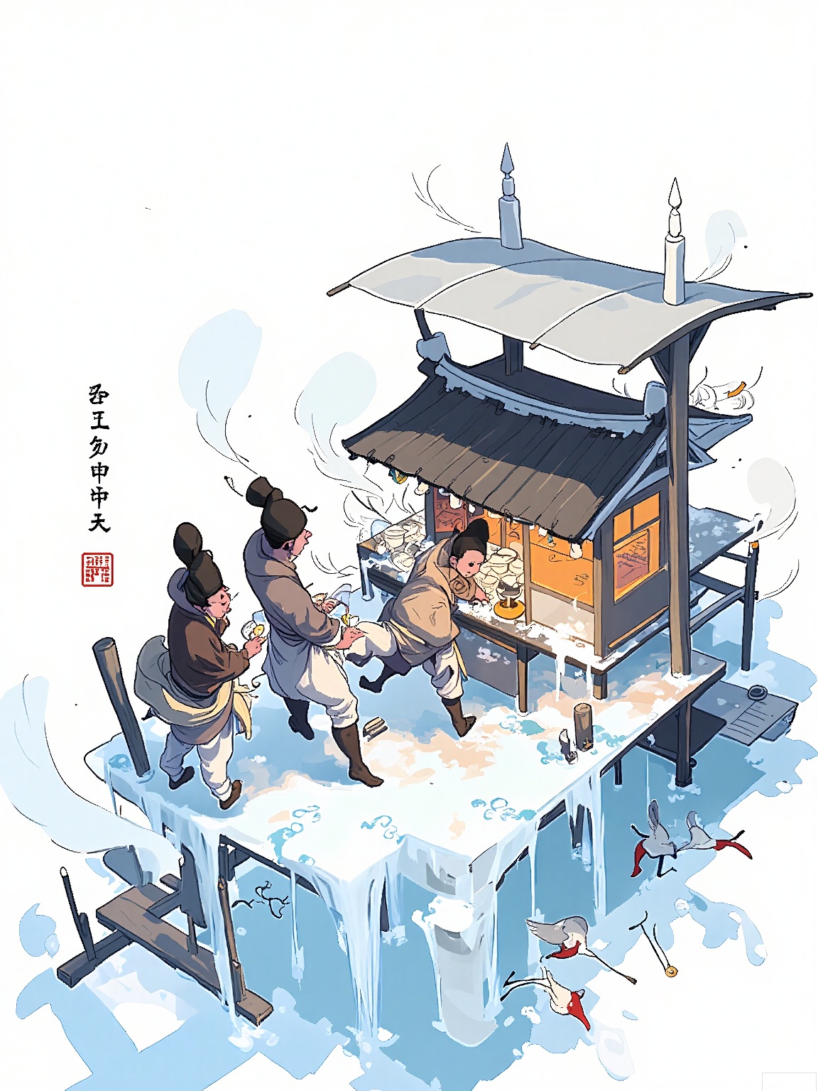 XHCH, Digital drawing of a snowy Edo-period marketplace, merchants in padded kotatsu robes selling lacquerware, steam from noodles stall mingling with snowflakes, red-crowned cranes wading in frozen canal, traditional machiya houses with lattice windows, icy blues contrasted with lantern-orange warmth.

