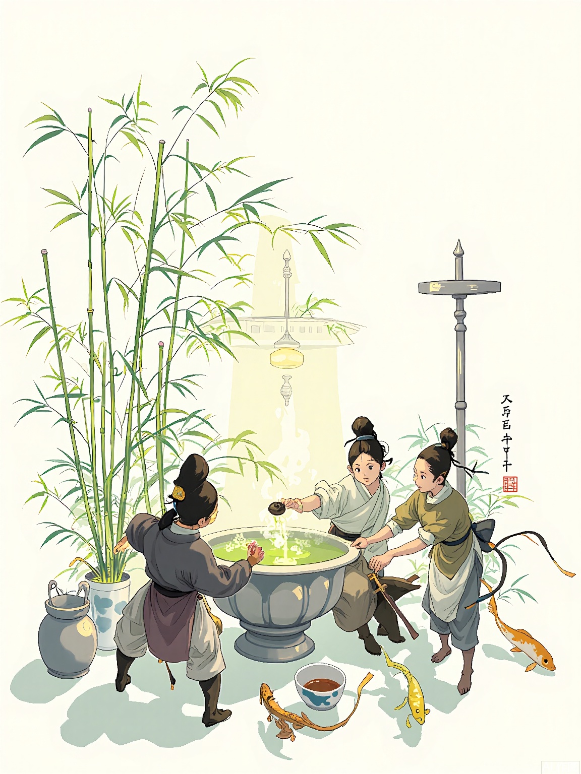 XHCH, Digital drawing of a traditional Japanese tea ceremony in a bamboo grove, participants in layered kimonos gracefully pouring matcha, steam rising from porcelain bowls, sunlight filtering through bamboo leaves, a stone lantern and koi pond in the background, soft moss-green and ivory tones with delicate gold accents, serene and meditative atmosphere.
