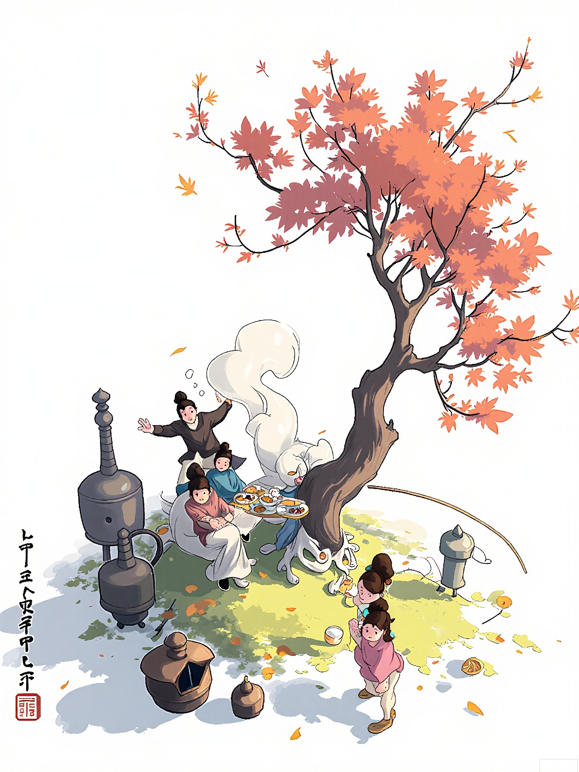 XHCH, Digital drawing of an autumn momiji-gari outing, family picnicking under crimson maples, shiba inu chasing fallen leaves, distant temple bells echoing across valley, steam from bamboo bento boxes rising into crisp air.

