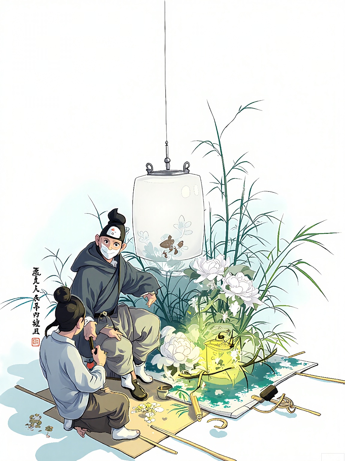 XHCH, Digital drawing of a rainy day ikebana arrangement, elderly sensei guiding student's hands among peonies, raindrops sliding down paper lanterns, wooden tools laid on tatami, backdrop of mist-shrouded bamboo forest, dewdrops glowing on spiderweb strands, tranquil emerald and slate palette.

