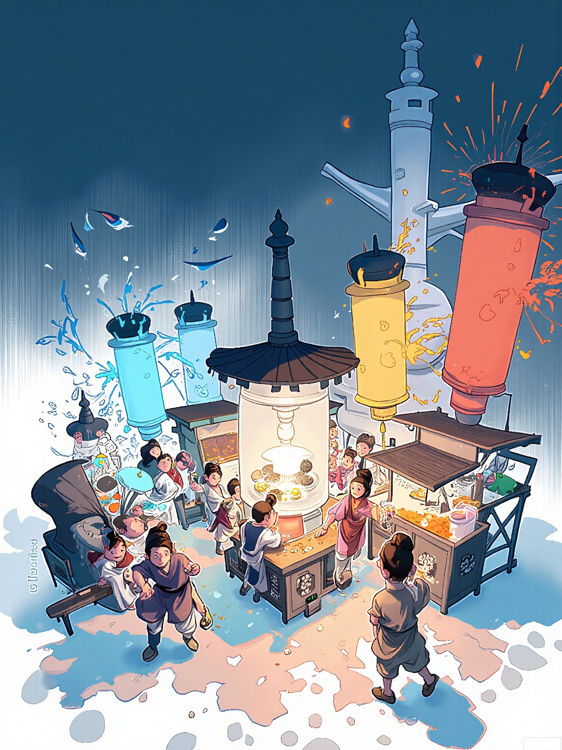 XHCH, Digital drawing of a summer festival scene, revelers in yukata laughing under paper lanterns, children holding spinning goldfish scoops, food stalls with grilling takoyaki, fireworks bursting in indigo sky, Mount Fuji silhouetted in distance, vibrant hues of crimson and turquoise blending with warm amber glows.

