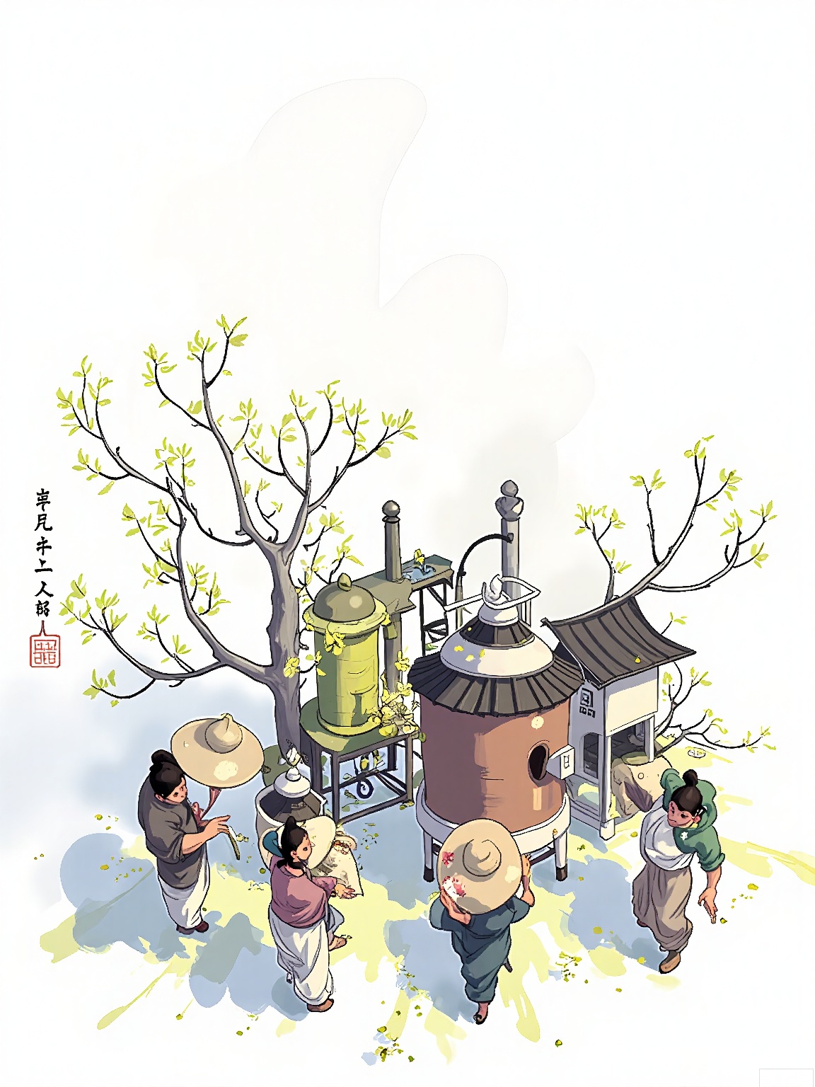 XHCH, Digital drawing of a spring tea harvest, farmers in conical hats picking tender leaves at dawn, dew glistening on silver tea bushes, traditional processing house with wood-fired kiln, mist softening distant mountain ridges.

