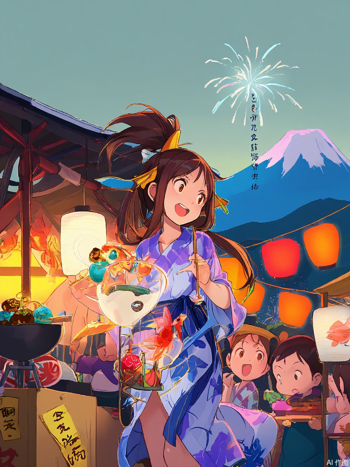 XHCH, Digital drawing of a summer festival scene, revelers in yukata laughing under paper lanterns, children holding spinning goldfish scoops, food stalls with grilling takoyaki, fireworks bursting in indigo sky, Mount Fuji silhouetted in distance, vibrant hues of crimson and turquoise blending with warm amber glows.
