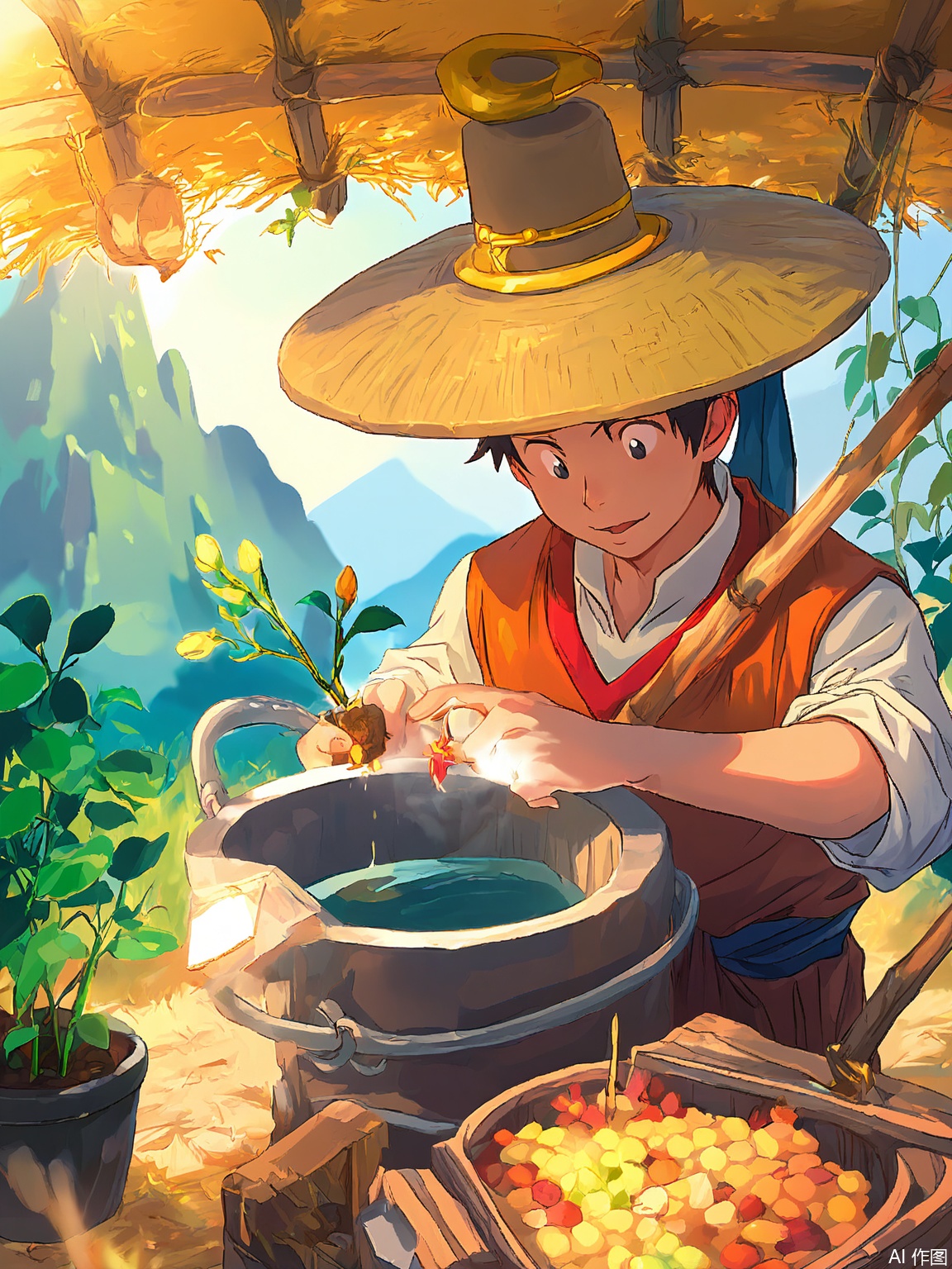 XHCH, Digital drawing of a spring tea harvest, farmers in conical hats picking tender leaves at dawn, dew glistening on silver tea bushes, traditional processing house with wood-fired kiln, mist softening distant mountain ridges.
