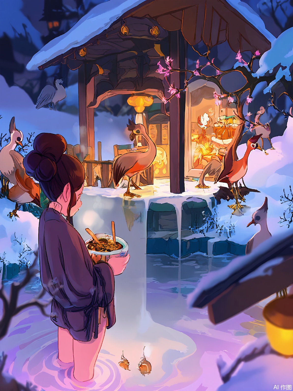 XHCH, Digital drawing of a snowy Edo-period marketplace, merchants in padded kotatsu robes selling lacquerware, steam from noodles stall mingling with snowflakes, red-crowned cranes wading in frozen canal, traditional machiya houses with lattice windows, icy blues contrasted with lantern-orange warmth.
