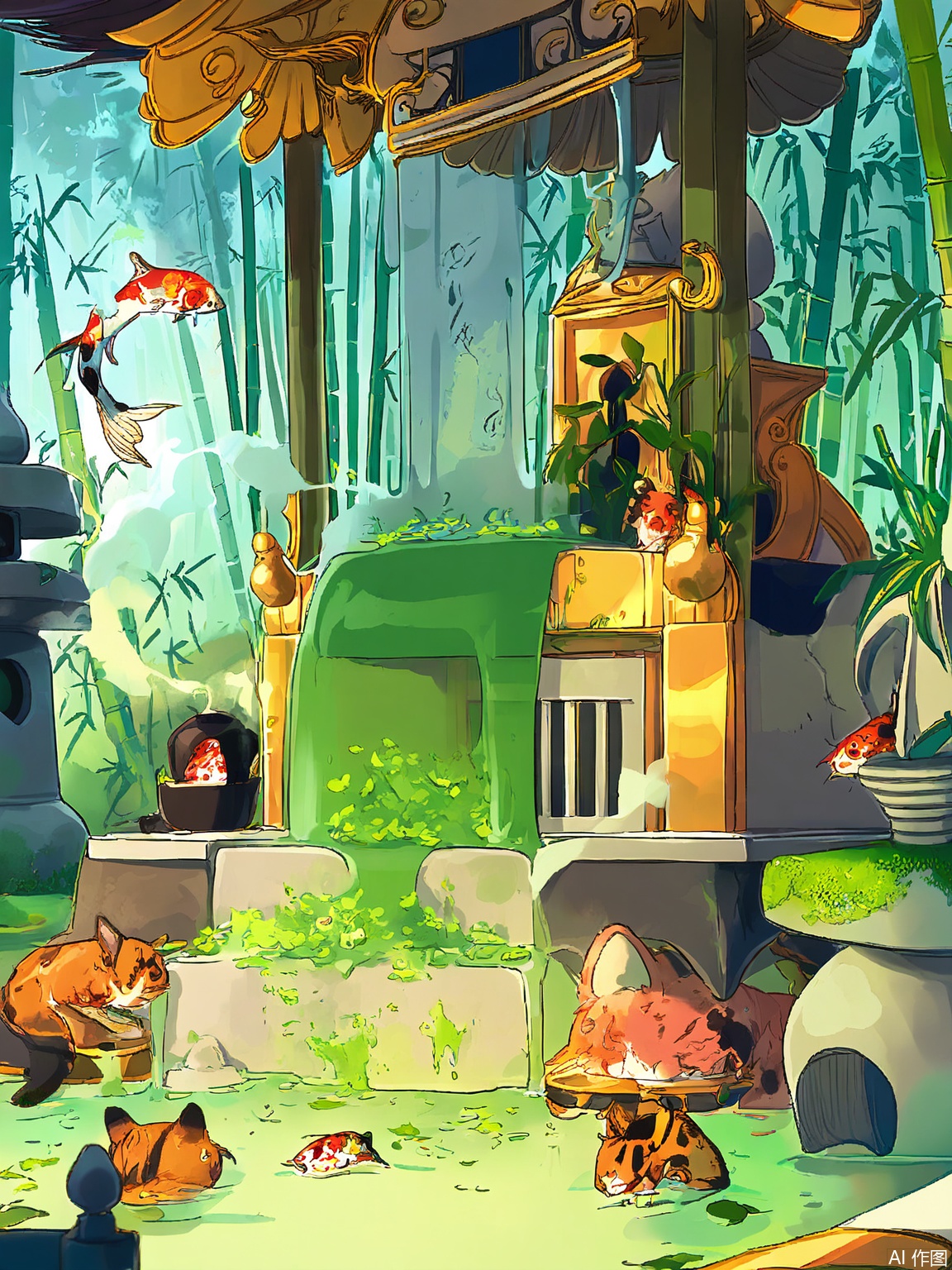 XHCH, Digital drawing of a traditional Japanese tea ceremony in a bamboo grove, participants in layered kimonos gracefully pouring matcha, steam rising from porcelain bowls, sunlight filtering through bamboo leaves, a stone lantern and koi pond in the background, soft moss-green and ivory tones with delicate gold accents, serene and meditative atmosphere.
