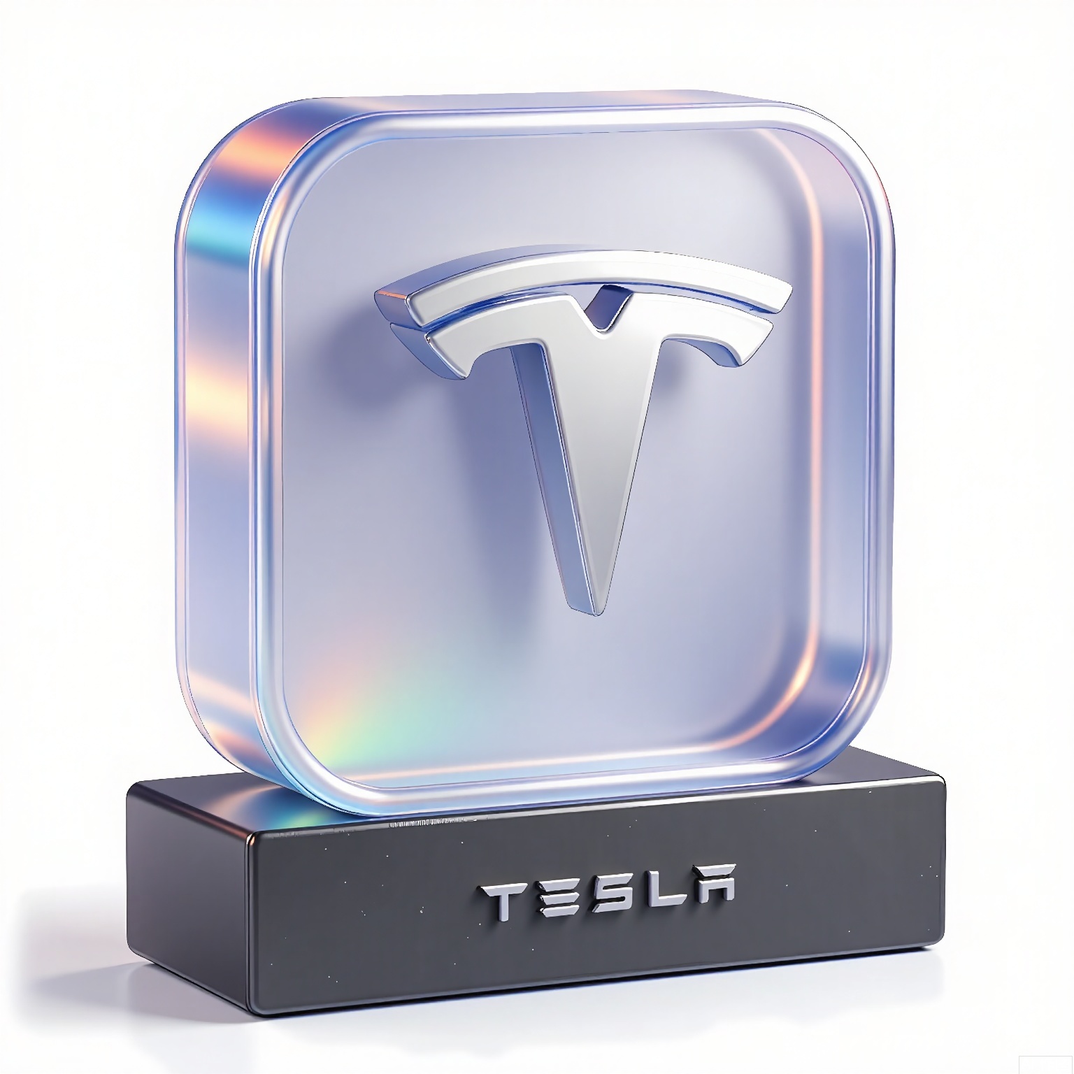 BTM, A 3D-rendered logo of Tesla, showcasing a sleek silver "T" molded from frosted crystal, floating on a charcoal-gray base with holographic circuit patterns. The material diffuses ambient light into prismatic spectra, balancing industrial precision with ethereal glow.