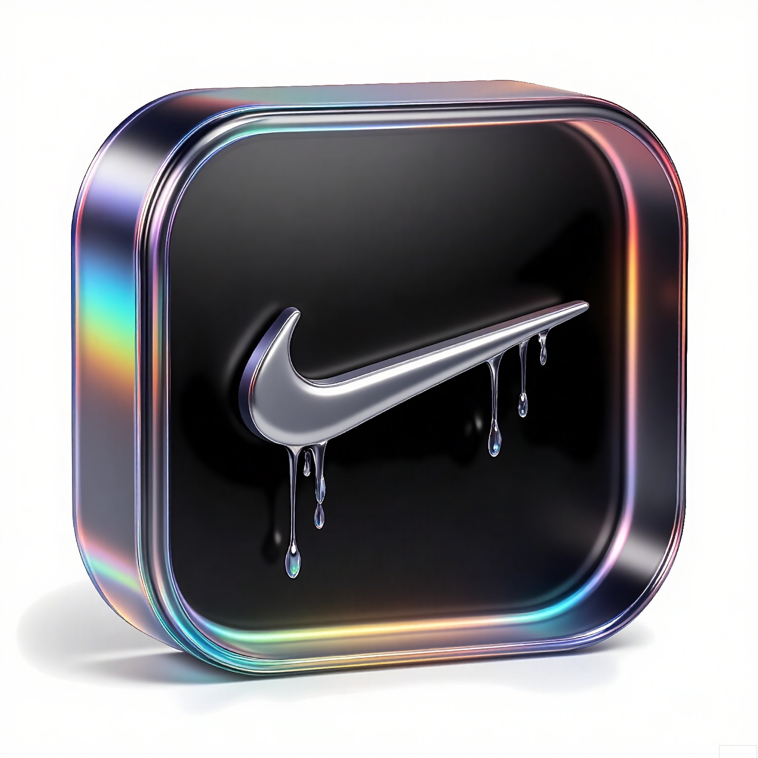 BTM, A 3D-rendered logo of Nike, with a swoosh symbol crafted from liquid mercury trapped in clear resin, dripping slowly over a matte black obsidian surface. Chromatic aberration highlights create kinetic energy in the static form.