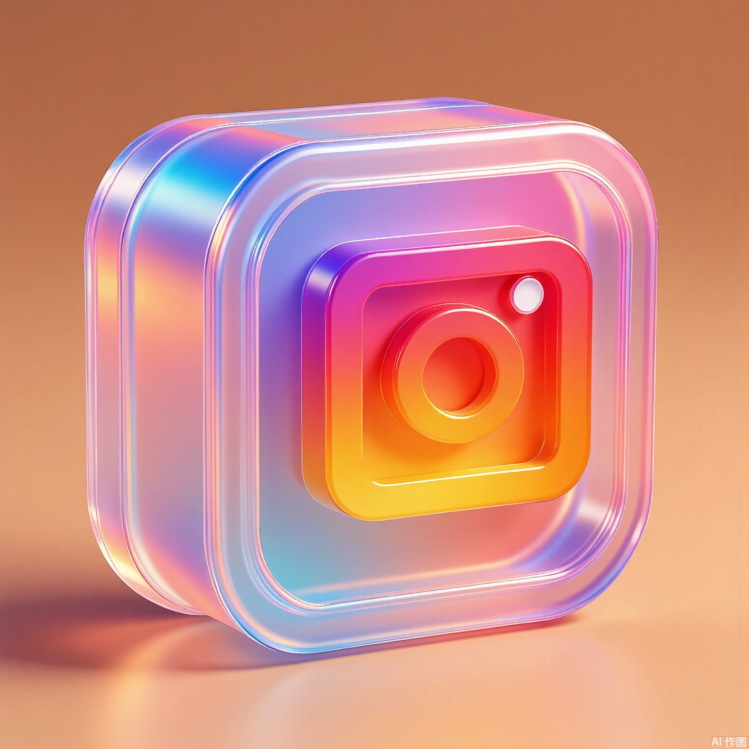 BTM, A 3D-rendered logo of Instagram, featuring a gradient rainbow camera icon encased in translucent quartz, refracting prismatic light across a desert-sand textured background. Isometric edges cast delicate shadows for architectural depth.