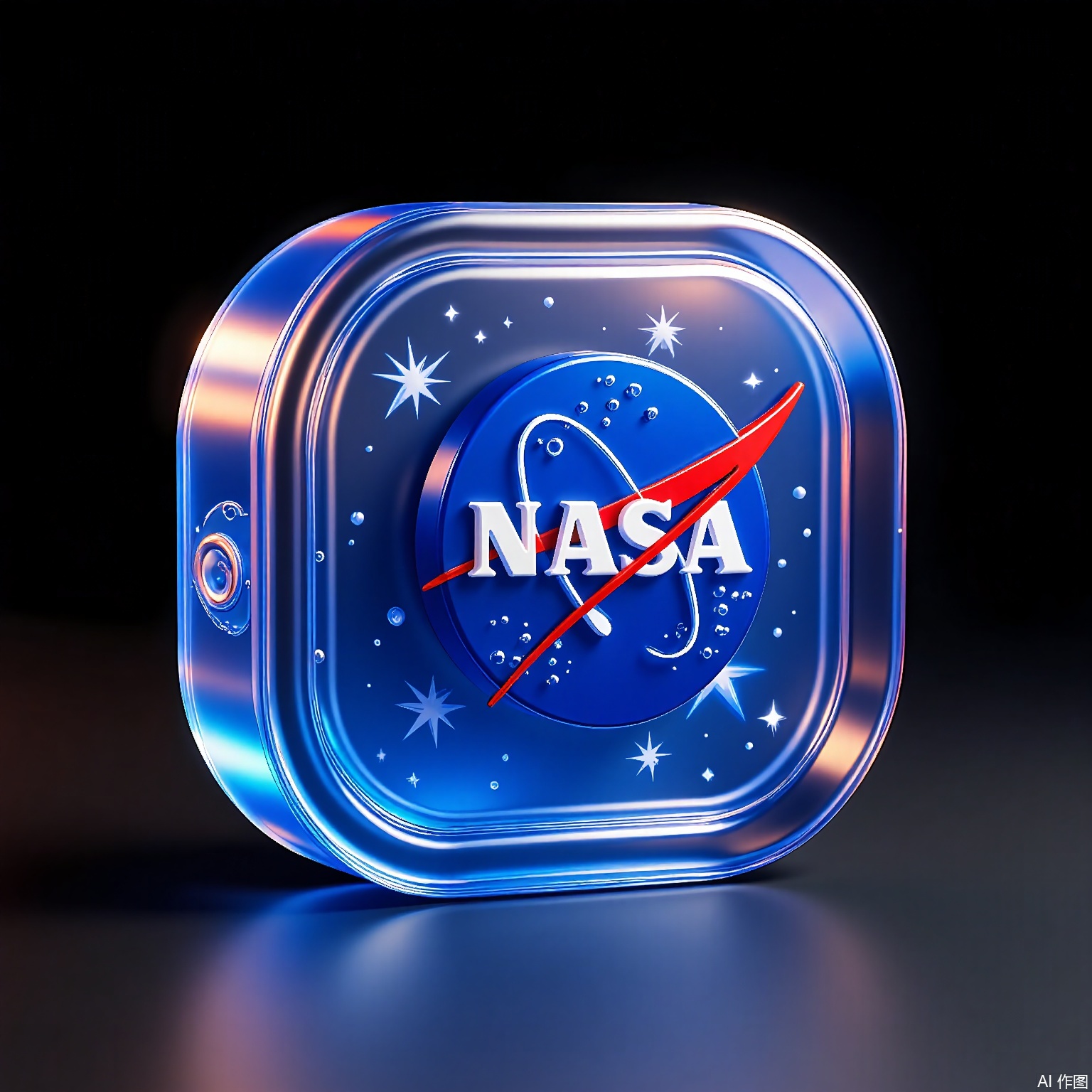 BTM, A 3D-rendered logo of NASA, with the iconic meatball insignia rendered in translucent space-grade polycarbonate, featuring embedded star constellations and orbital paths. The deep void background includes subtle Milky Way glow.


