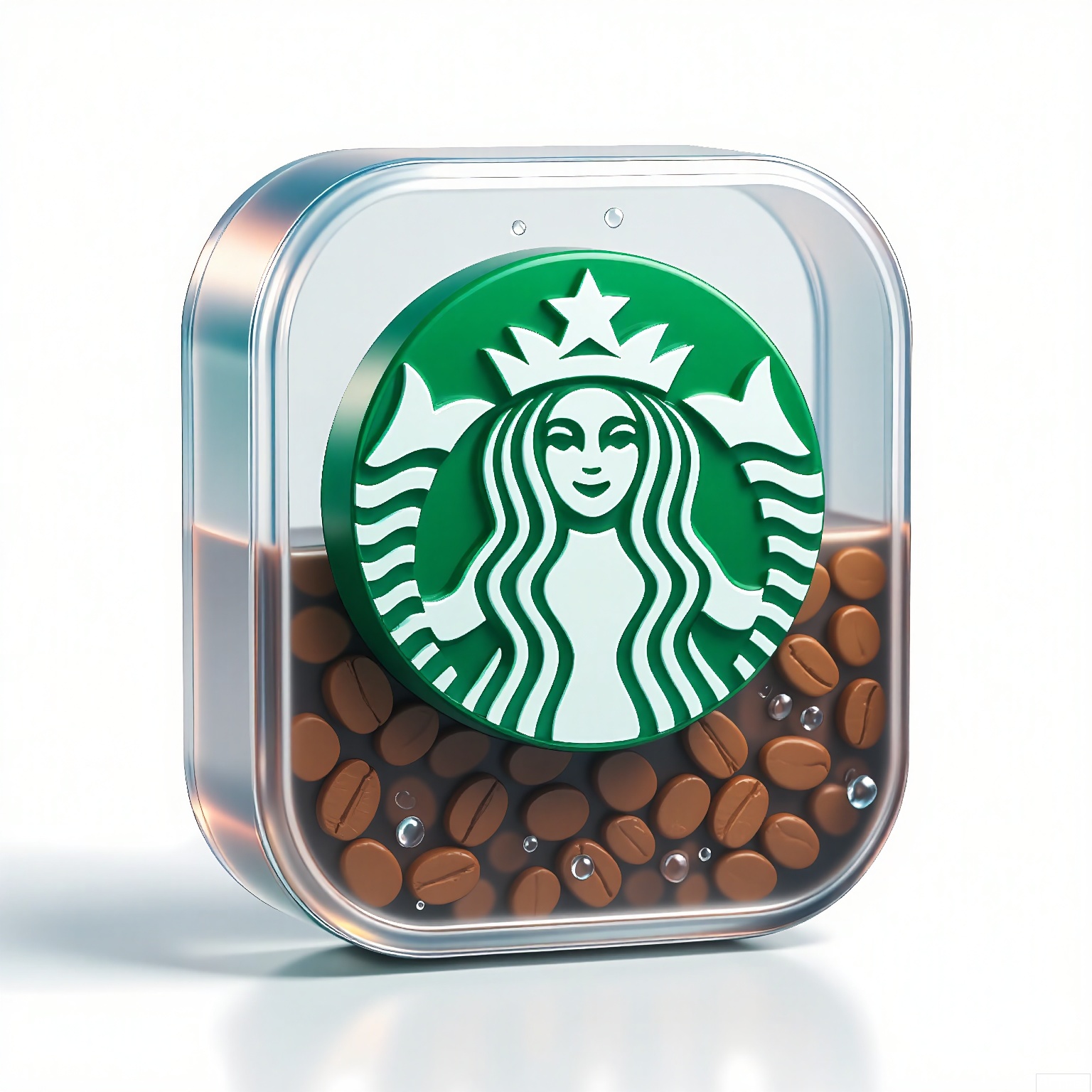 BTM, A 3D-rendered logo of Starbucks, featuring a translucent emerald-green siren emblem with coffee bean details visible through glass-like material. Condensation droplets trickle down the surface onto a frosted milk-white background.
